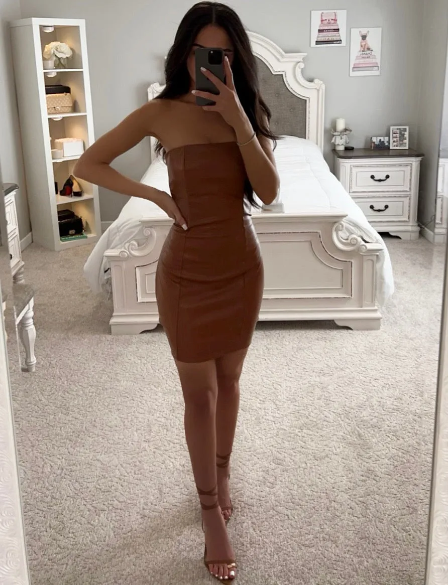 BROWN LEATHER MINI DRESS