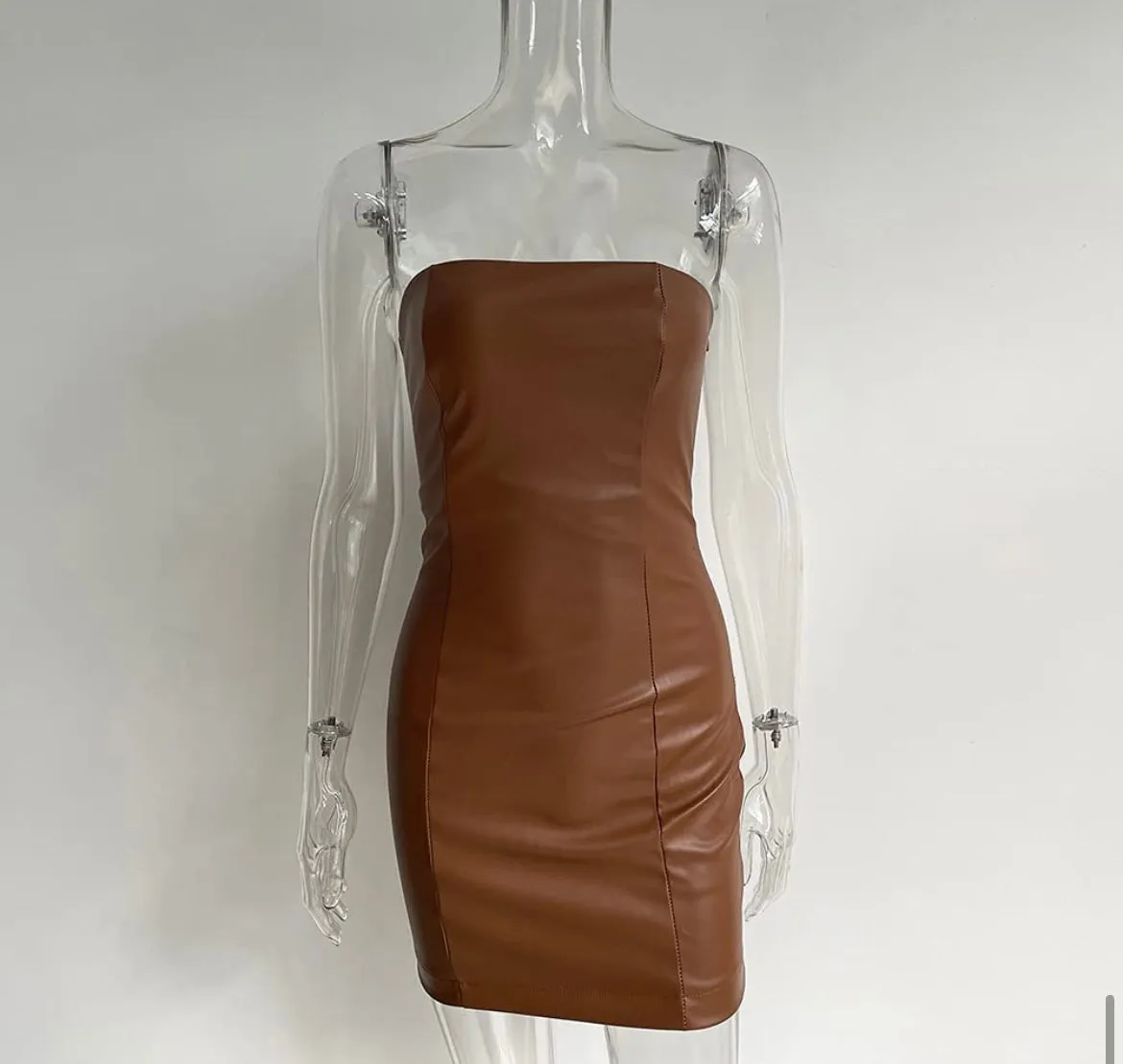 BROWN LEATHER MINI DRESS