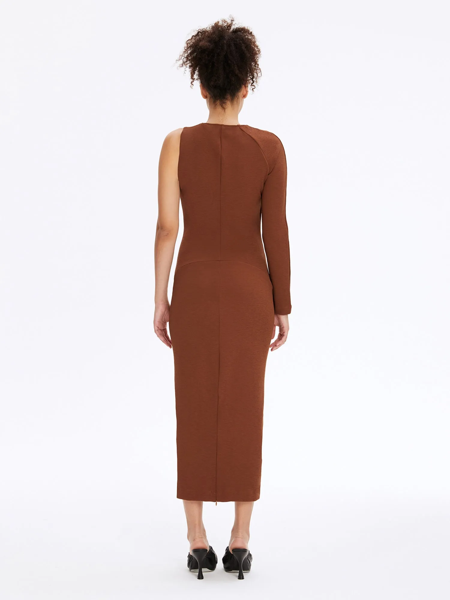 Brown One Sleeve Asymmetric Neck Bodycon Evening Minimalist Midi Dress