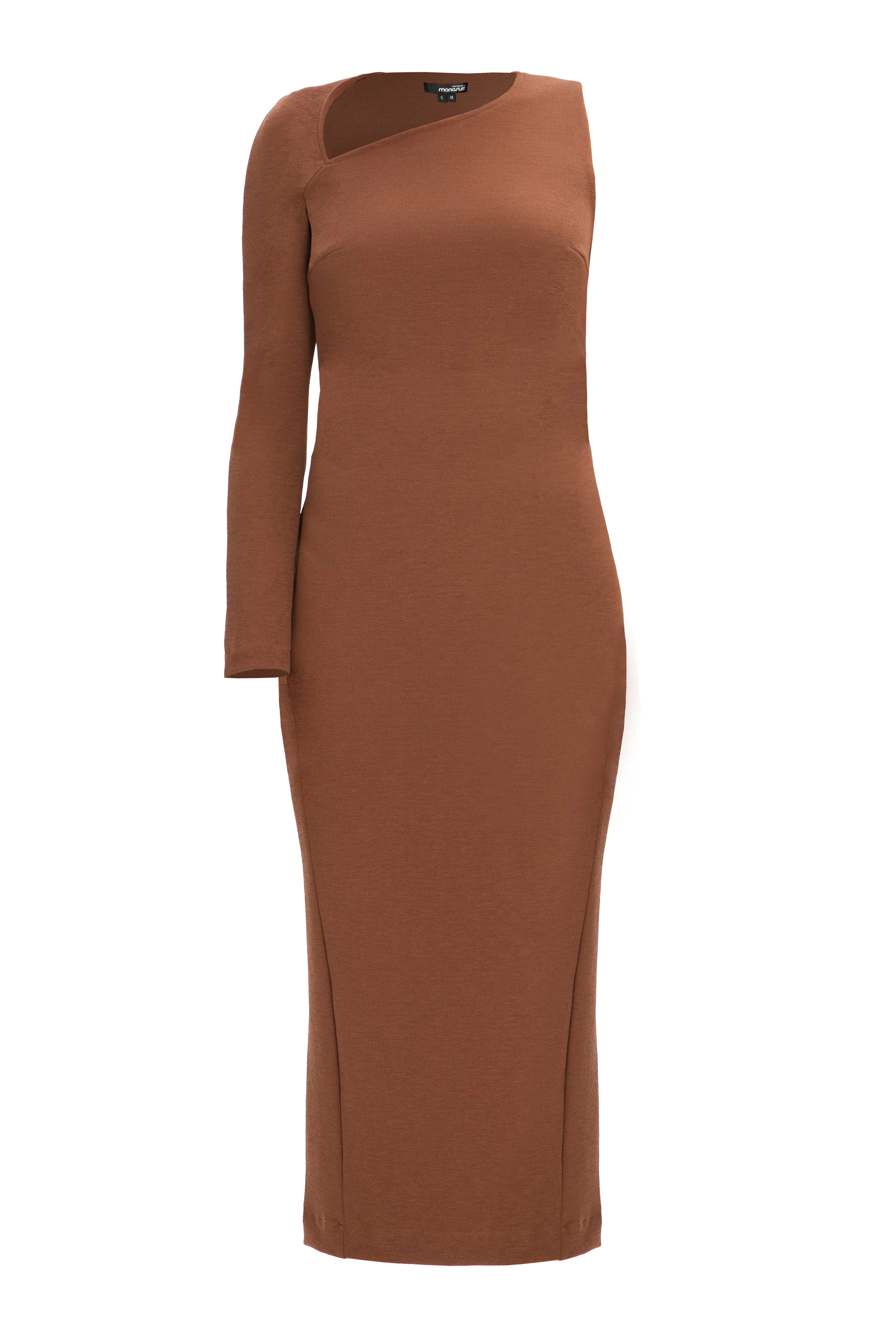 Brown One Sleeve Asymmetric Neck Bodycon Evening Minimalist Midi Dress