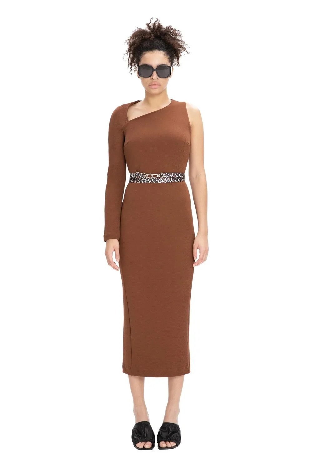 Brown One Sleeve Asymmetric Neck Bodycon Evening Minimalist Midi Dress