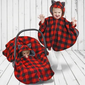 Car Seat Poncho - Red and Black Lumberjack Plaid Wolf for newborn to toddler