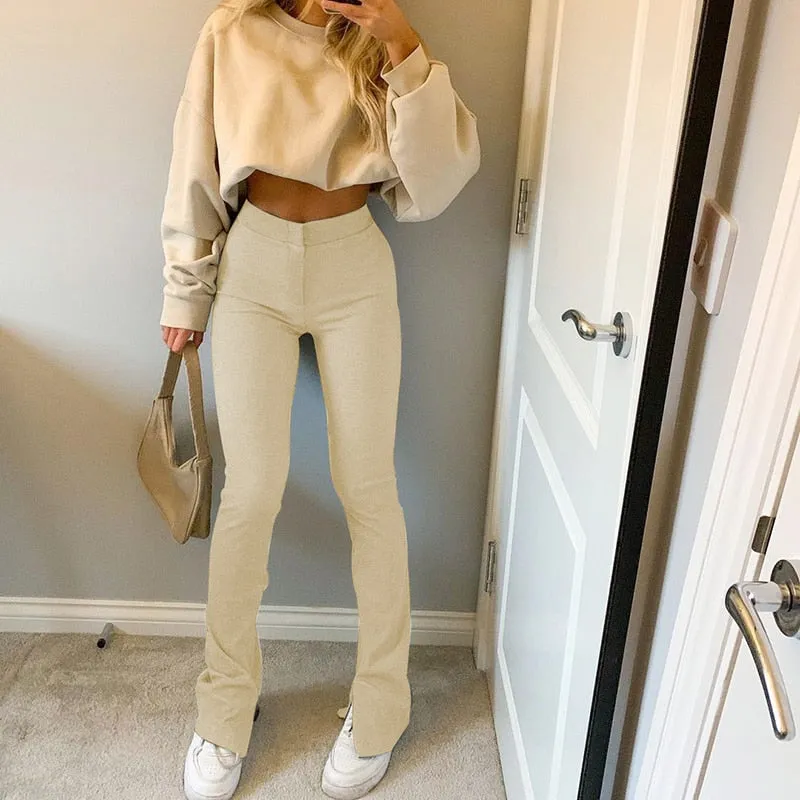 Casual Skinny Elastic High Waist Stretchy Sports Sweatpants Women Trousers Slit Fashion Flared Leggings Joggers