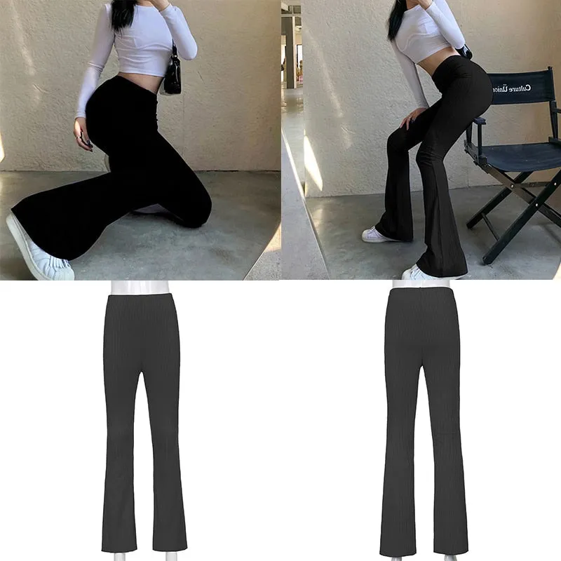 Casual Skinny Elastic High Waist Stretchy Sports Sweatpants Women Trousers Slit Fashion Flared Leggings Joggers