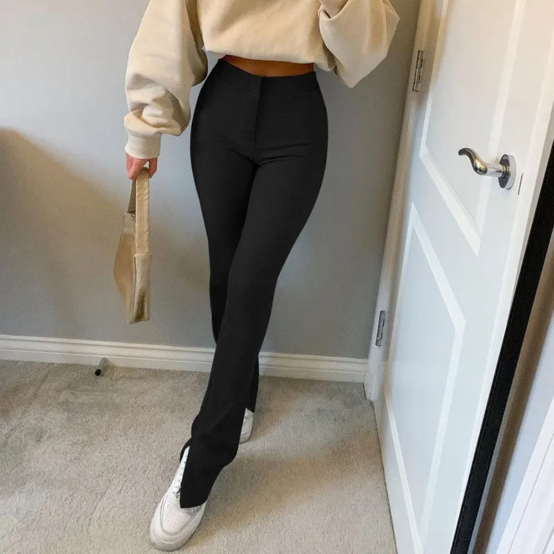 Casual Skinny Elastic High Waist Stretchy Sports Sweatpants Women Trousers Slit Fashion Flared Leggings Joggers