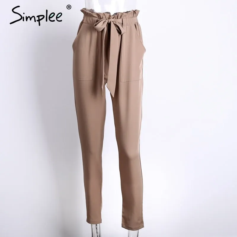 Chiffon khaki harem ladies summer casual Streetwear sash black elastic high waist pants