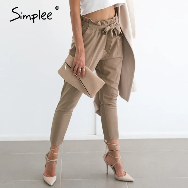 Chiffon khaki harem ladies summer casual Streetwear sash black elastic high waist pants