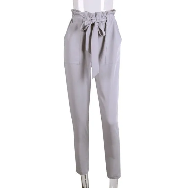 Chiffon khaki harem ladies summer casual Streetwear sash black elastic high waist pants