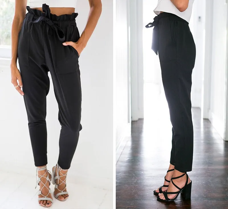 Chiffon khaki harem ladies summer casual Streetwear sash black elastic high waist pants