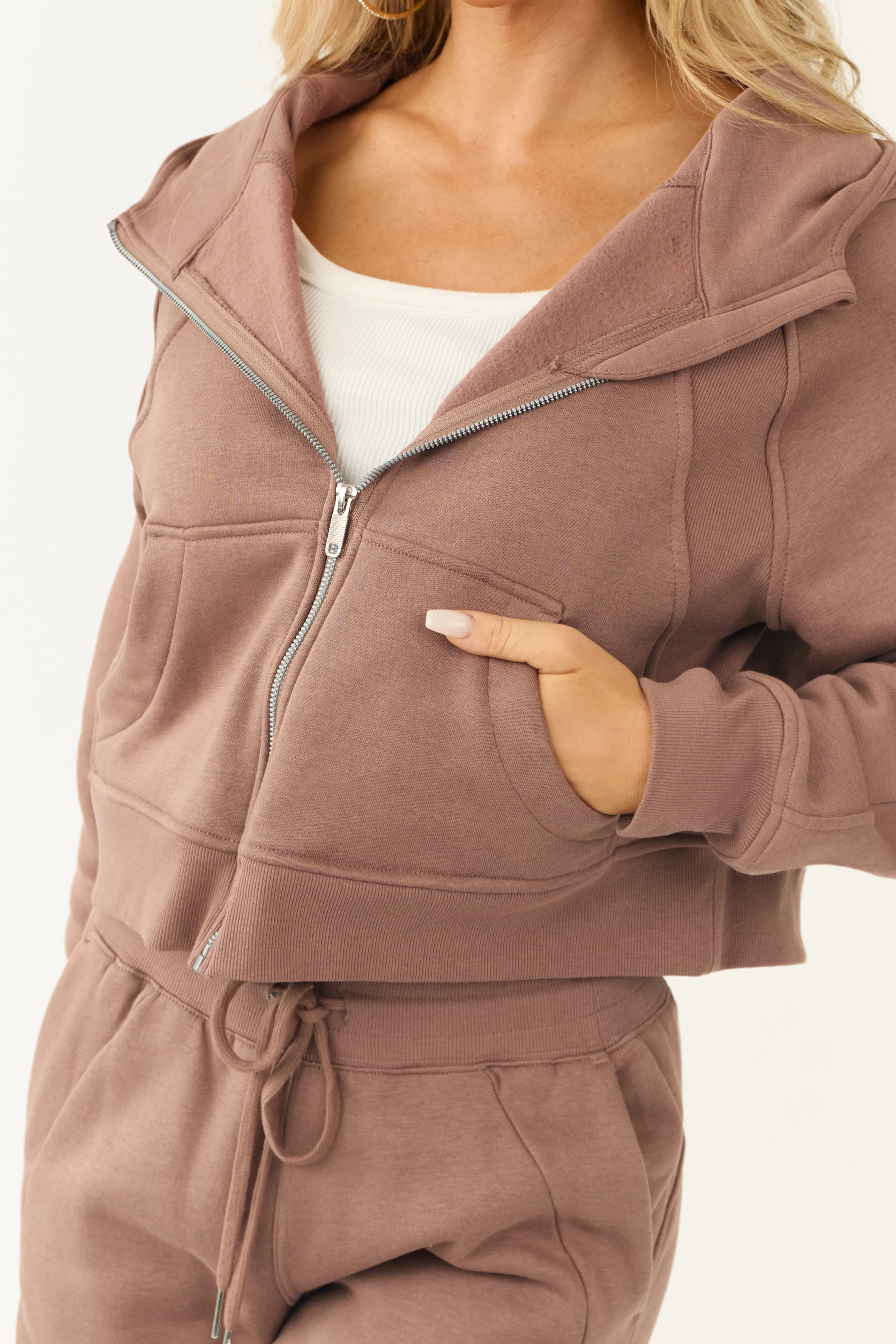 Coffee Zip Up Front Knit Hoodie with Thumbholes