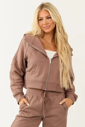 Coffee Zip Up Front Knit Hoodie with Thumbholes