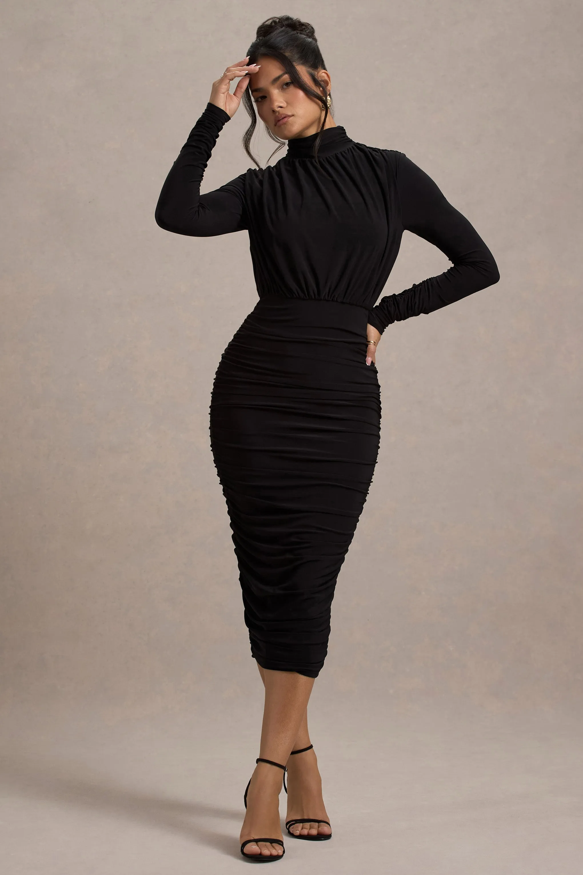 Dasha |  Black Ruched High-Neck Long-Sleeve Midi Dress