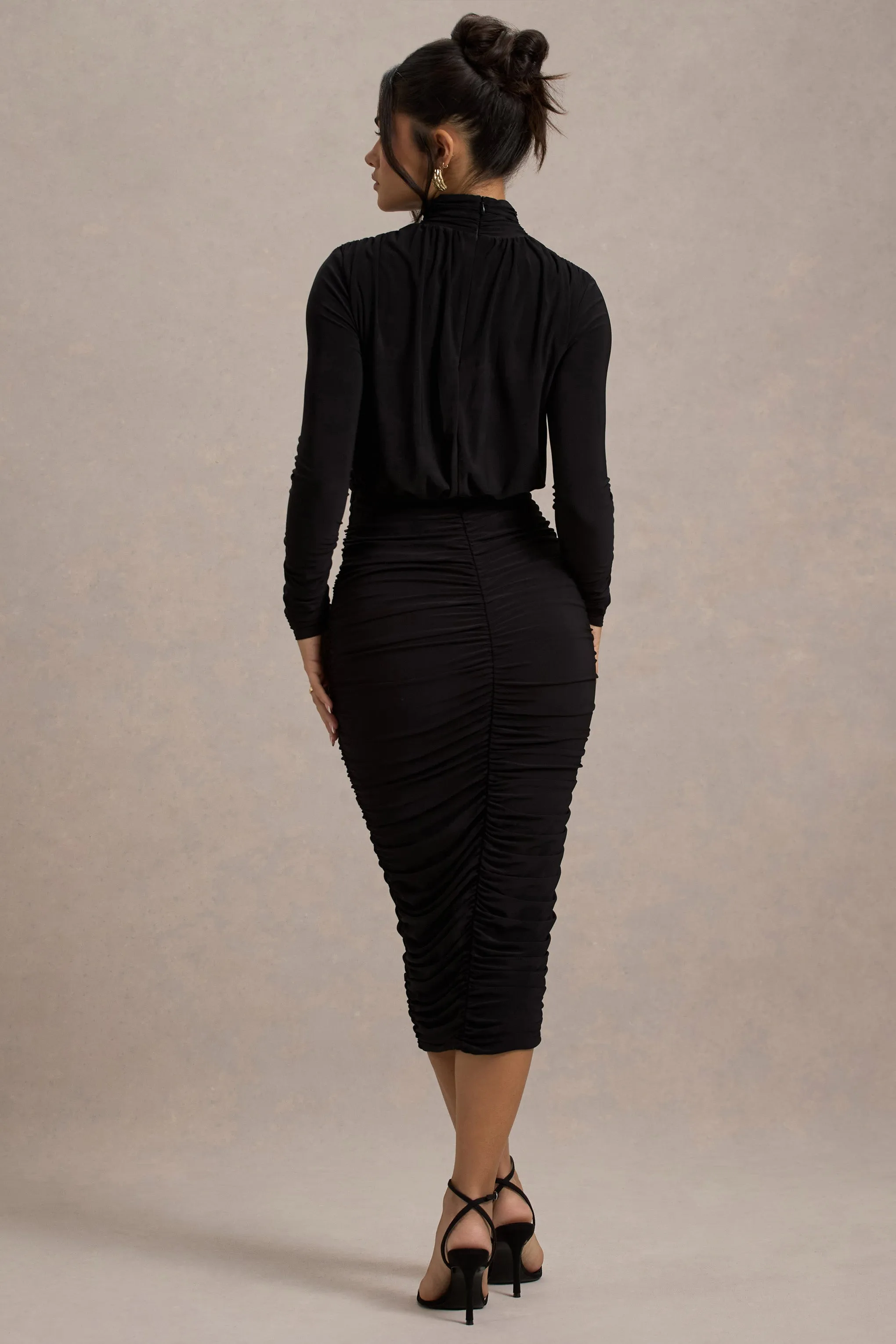 Dasha |  Black Ruched High-Neck Long-Sleeve Midi Dress