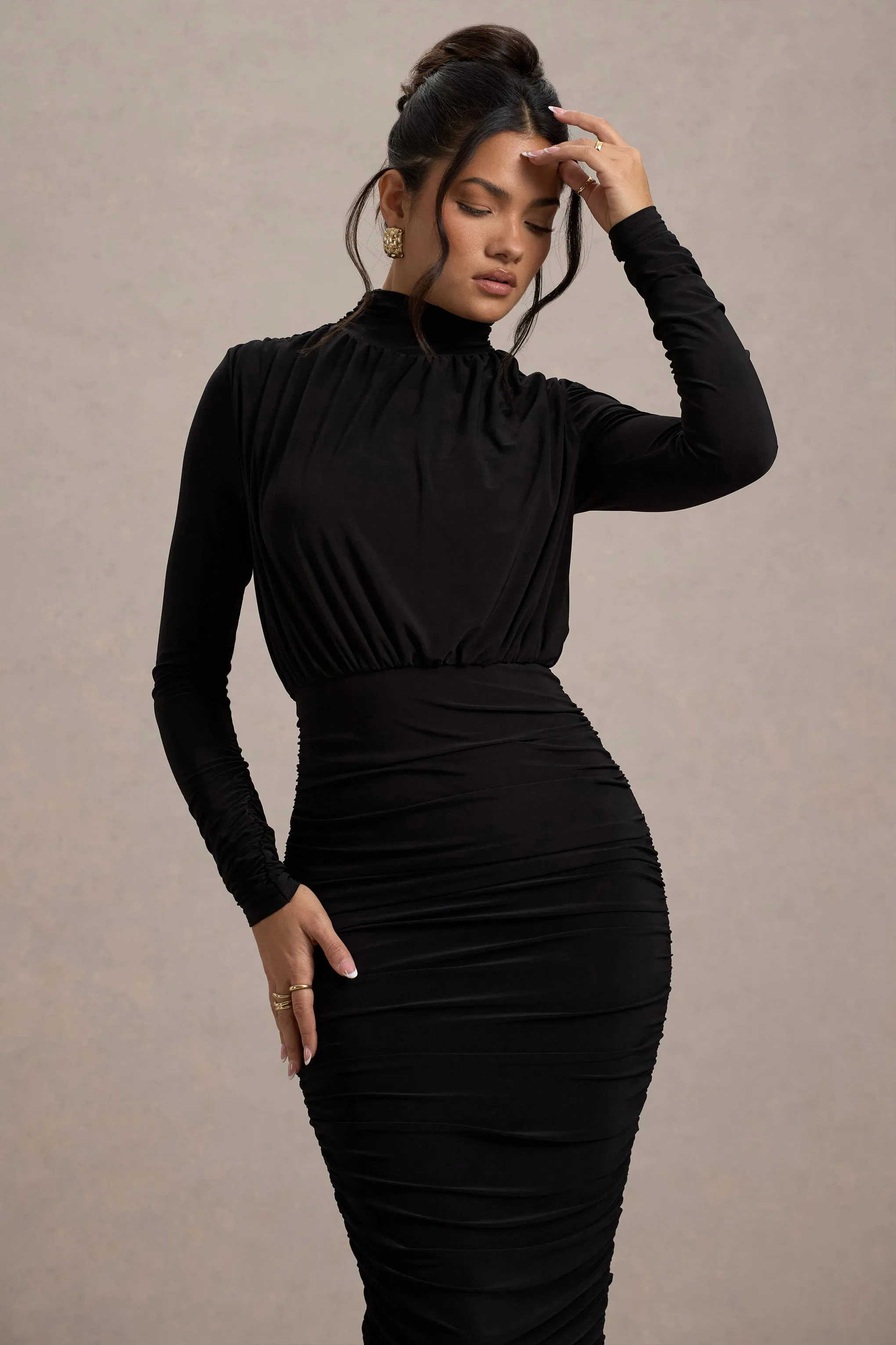 Dasha |  Black Ruched High-Neck Long-Sleeve Midi Dress