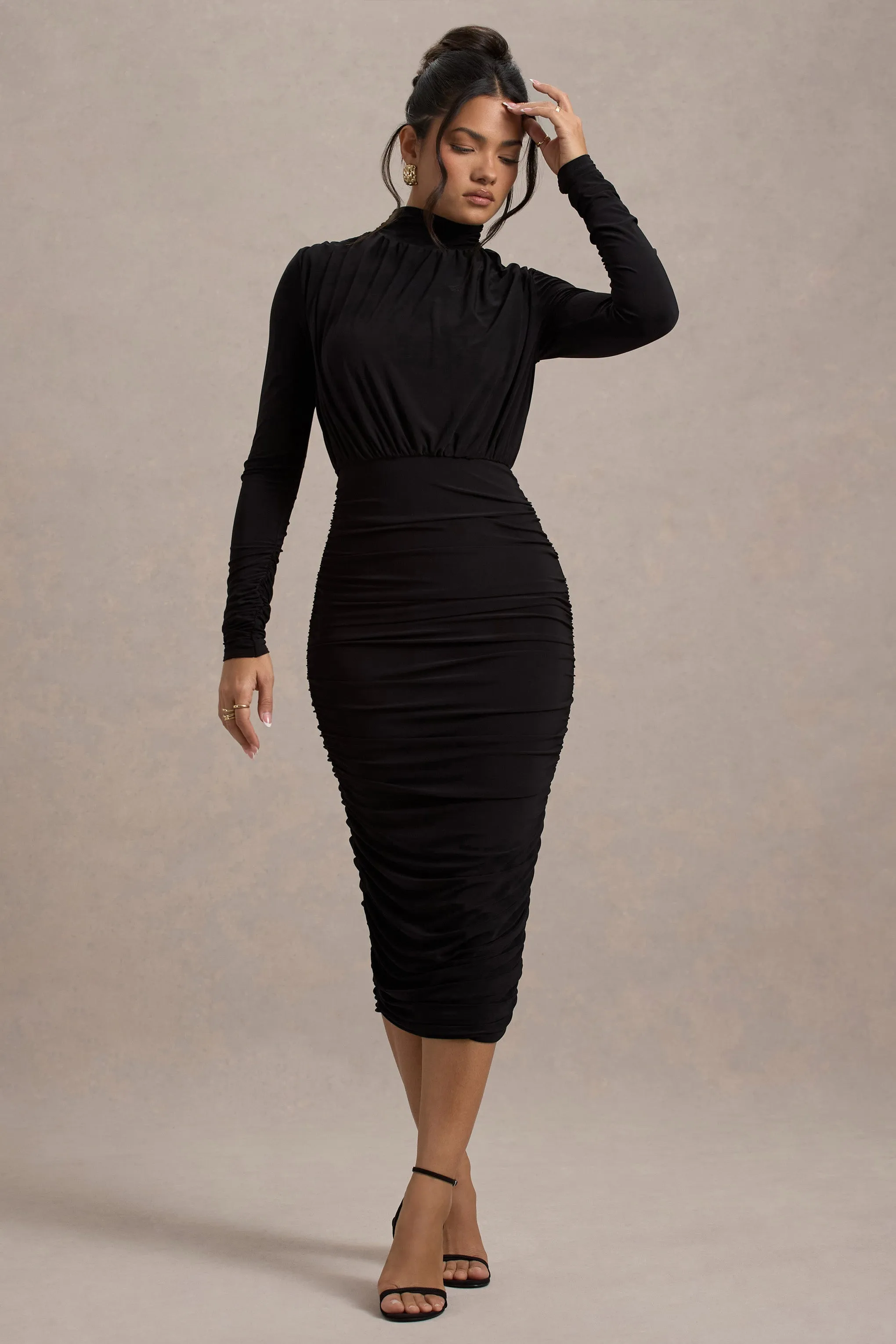 Dasha |  Black Ruched High-Neck Long-Sleeve Midi Dress