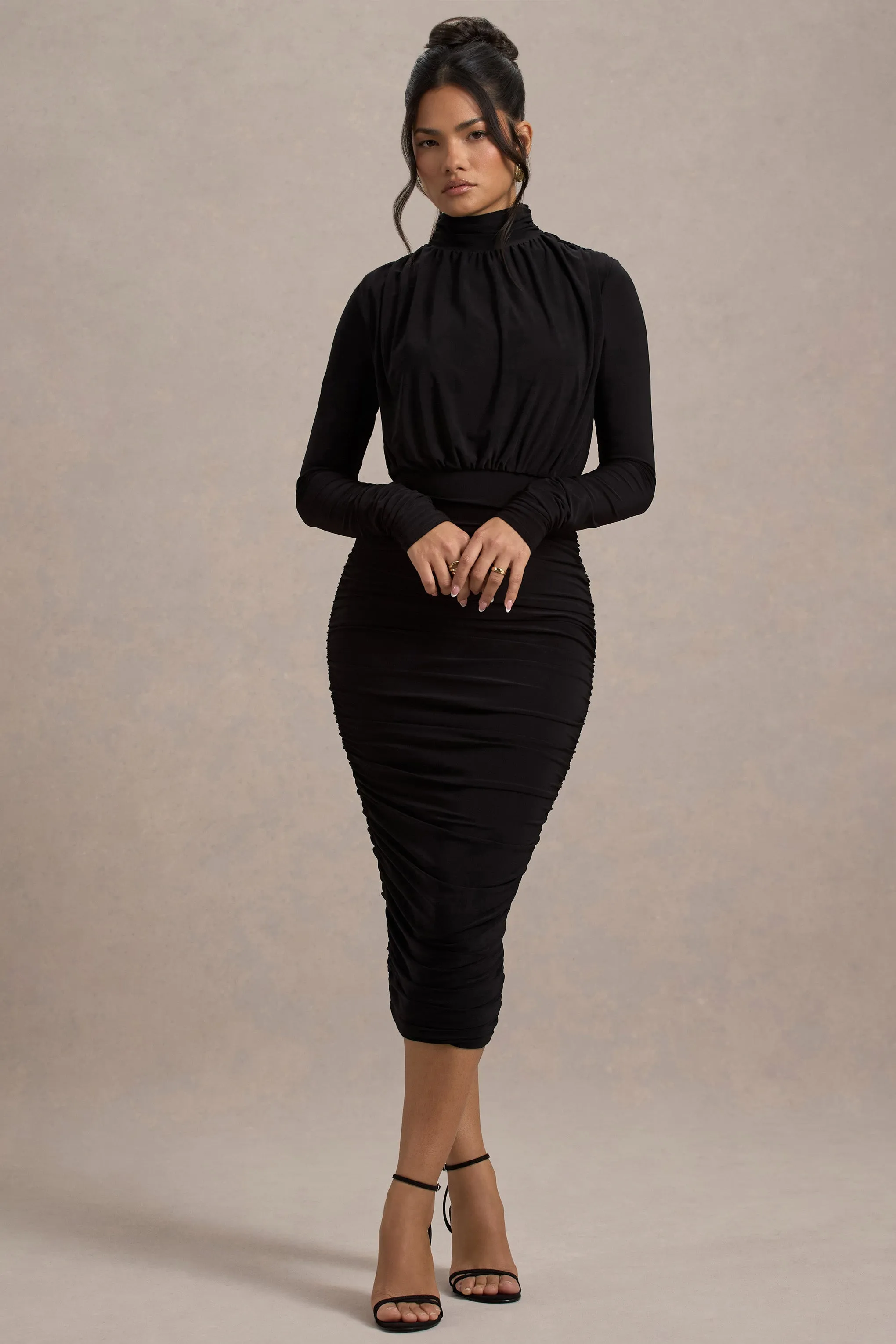 Dasha |  Black Ruched High-Neck Long-Sleeve Midi Dress