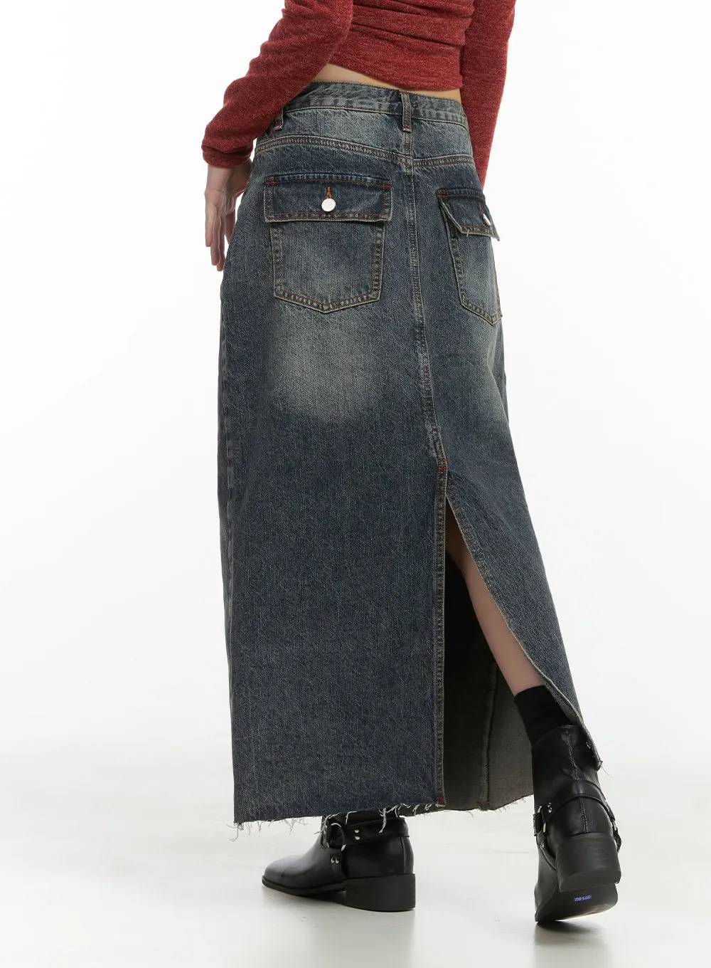 Distressed Denim Maxi Skirt CO410