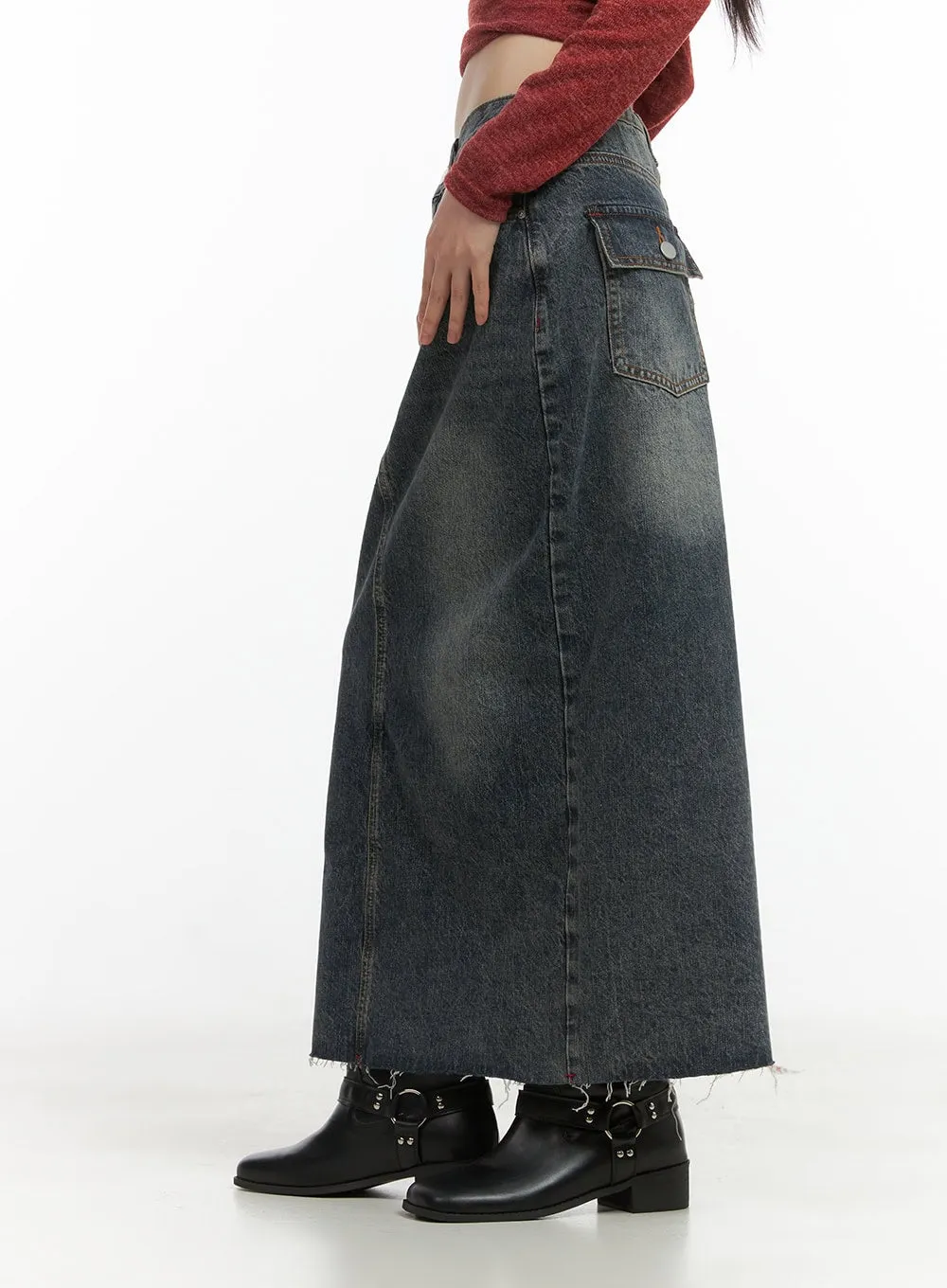 Distressed Denim Maxi Skirt CO410