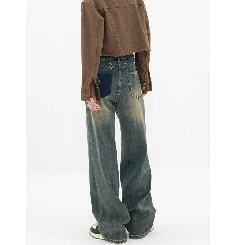 Distressed Design High Waist Niche Straight Jeans Loose Wide-leg Draggle-tail Trousers