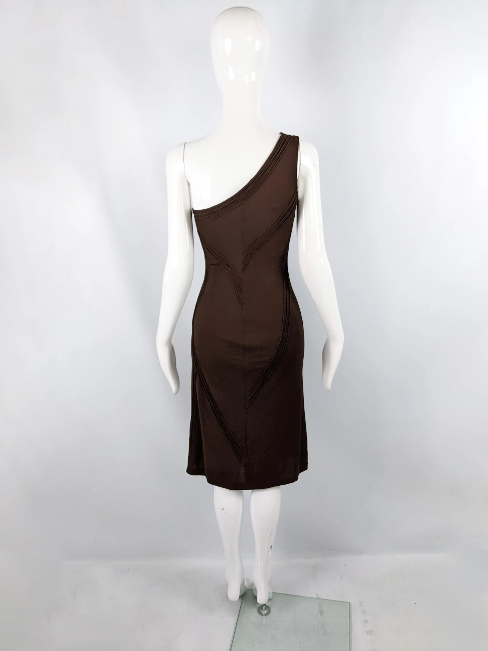 Donna Karan Vintage Brown Bodycon One Shoulder Dress, 1990s