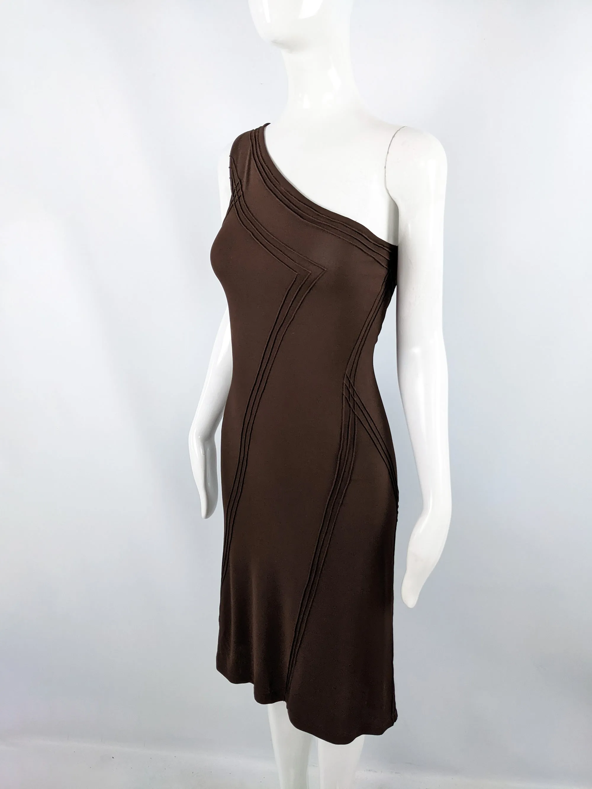 Donna Karan Vintage Brown Bodycon One Shoulder Dress, 1990s