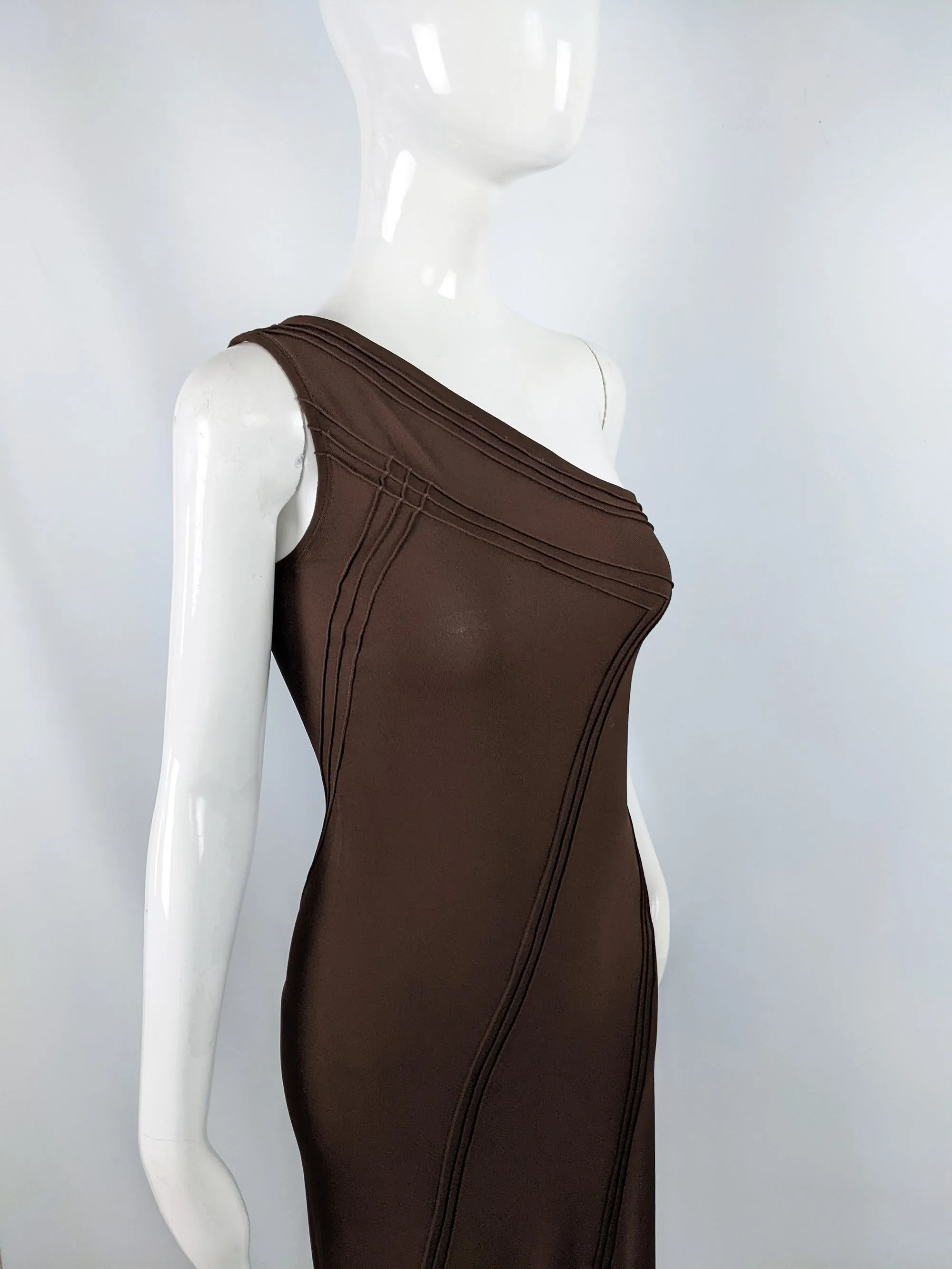 Donna Karan Vintage Brown Bodycon One Shoulder Dress, 1990s