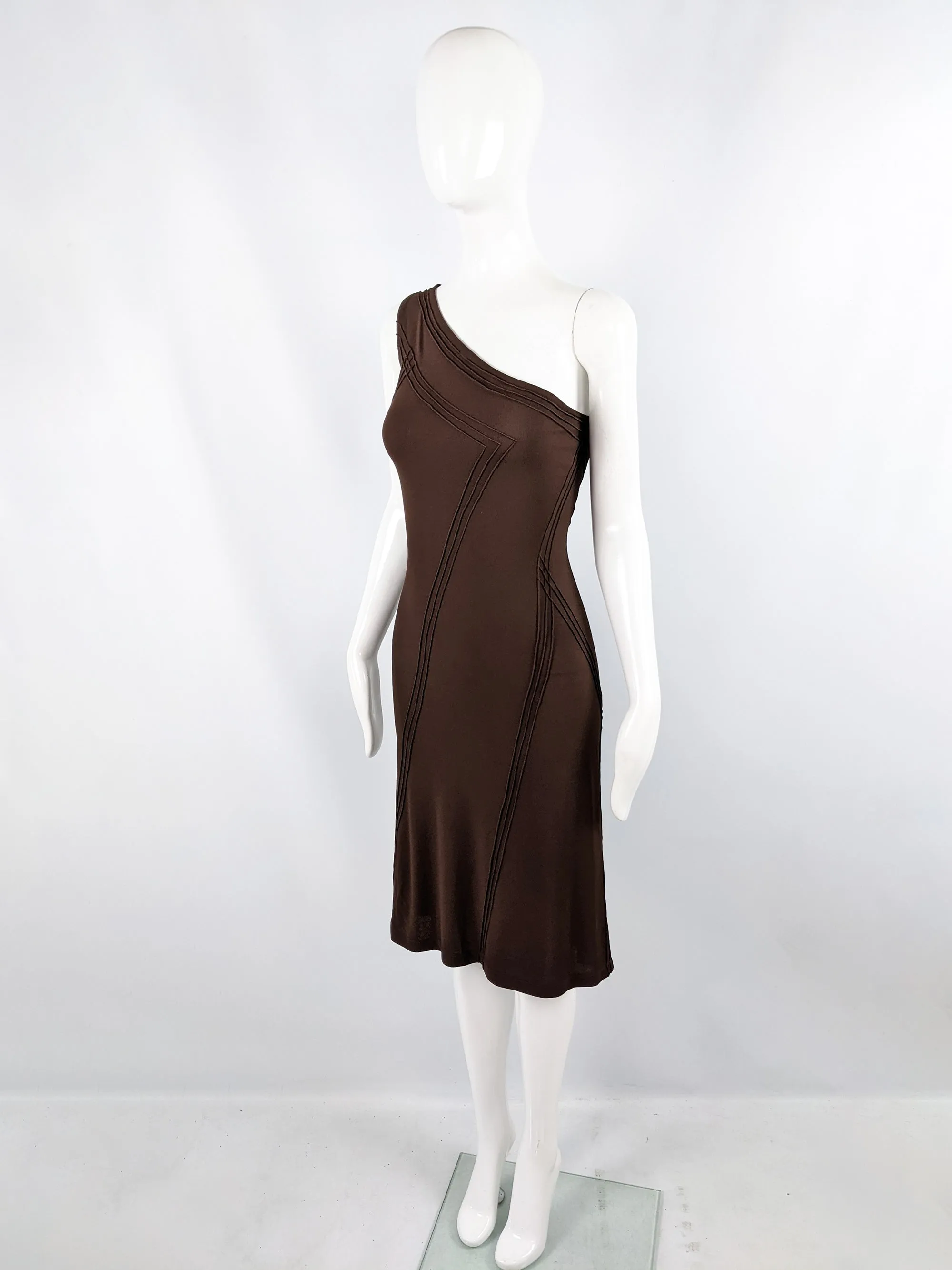 Donna Karan Vintage Brown Bodycon One Shoulder Dress, 1990s