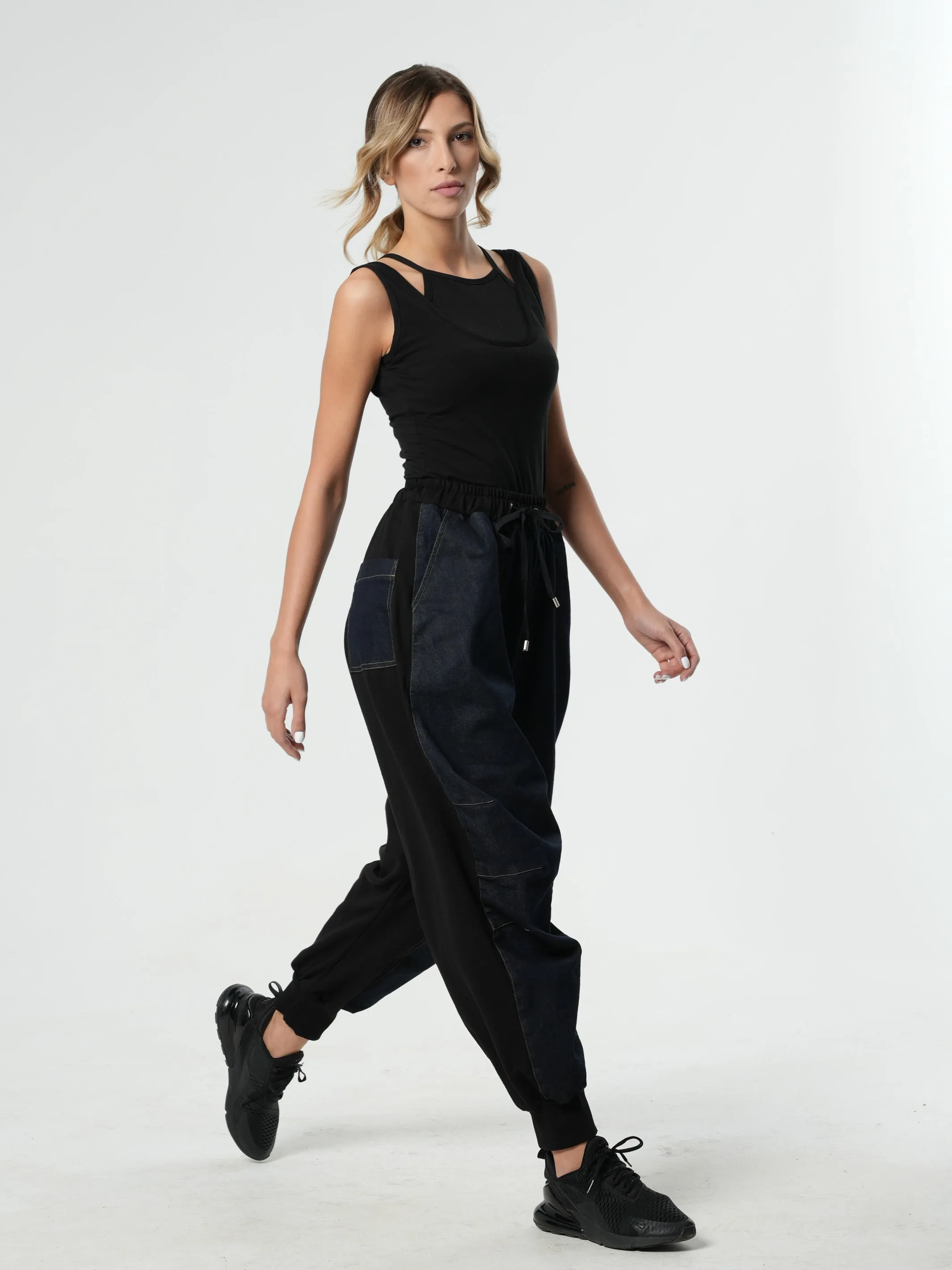 Drop-Crotch Denim Pants With Black Details