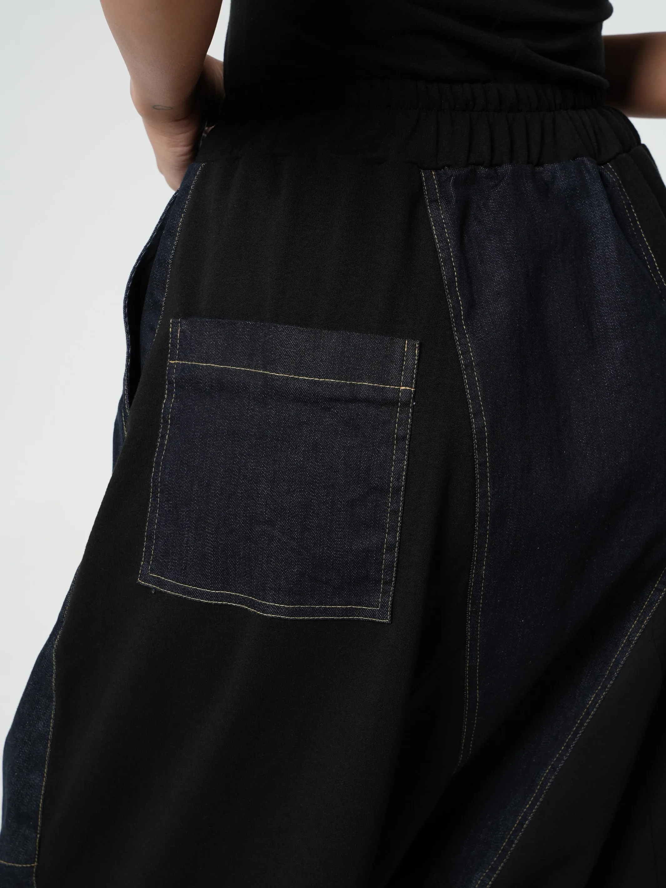 Drop-Crotch Denim Pants With Black Details