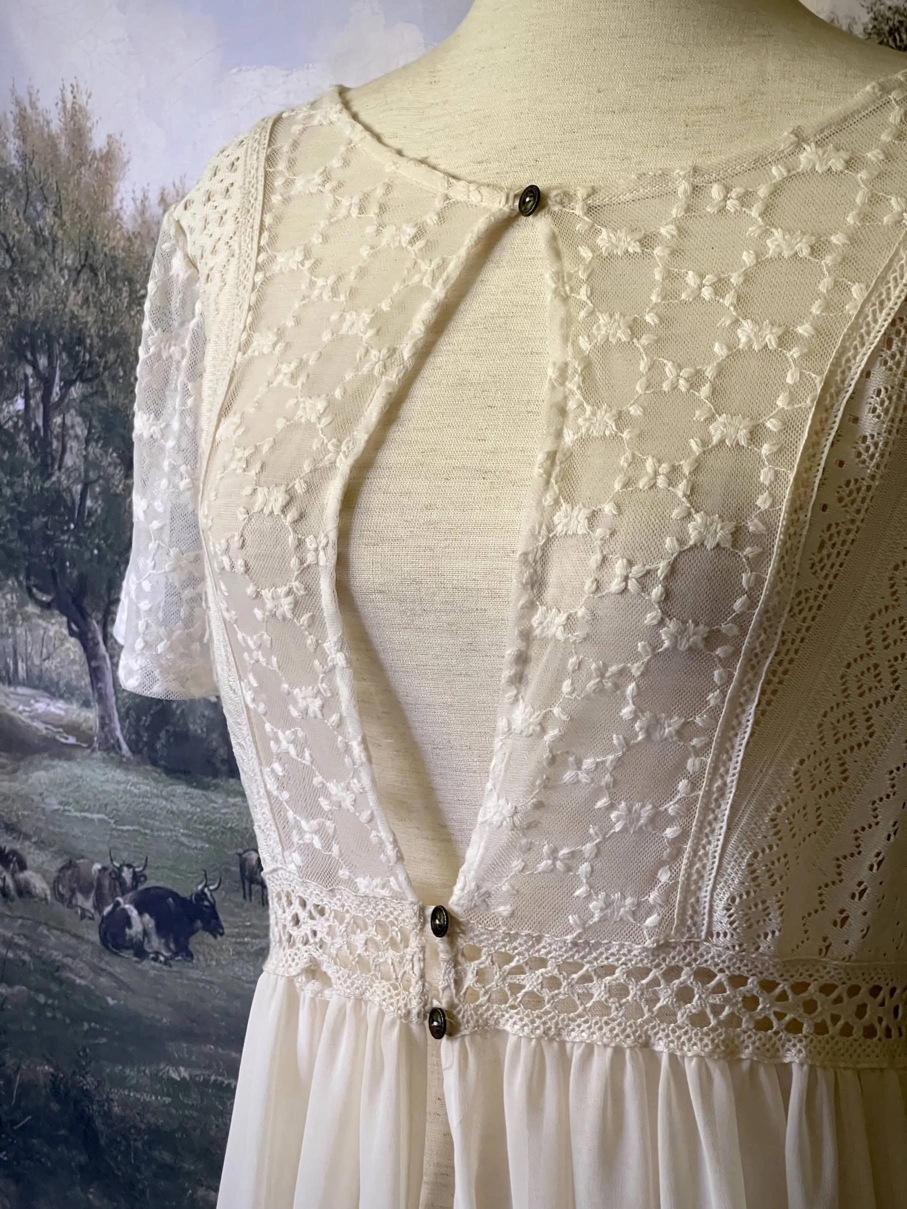 Edwardian Inspired Ivory Overdress with Floral Lace Details - Size M