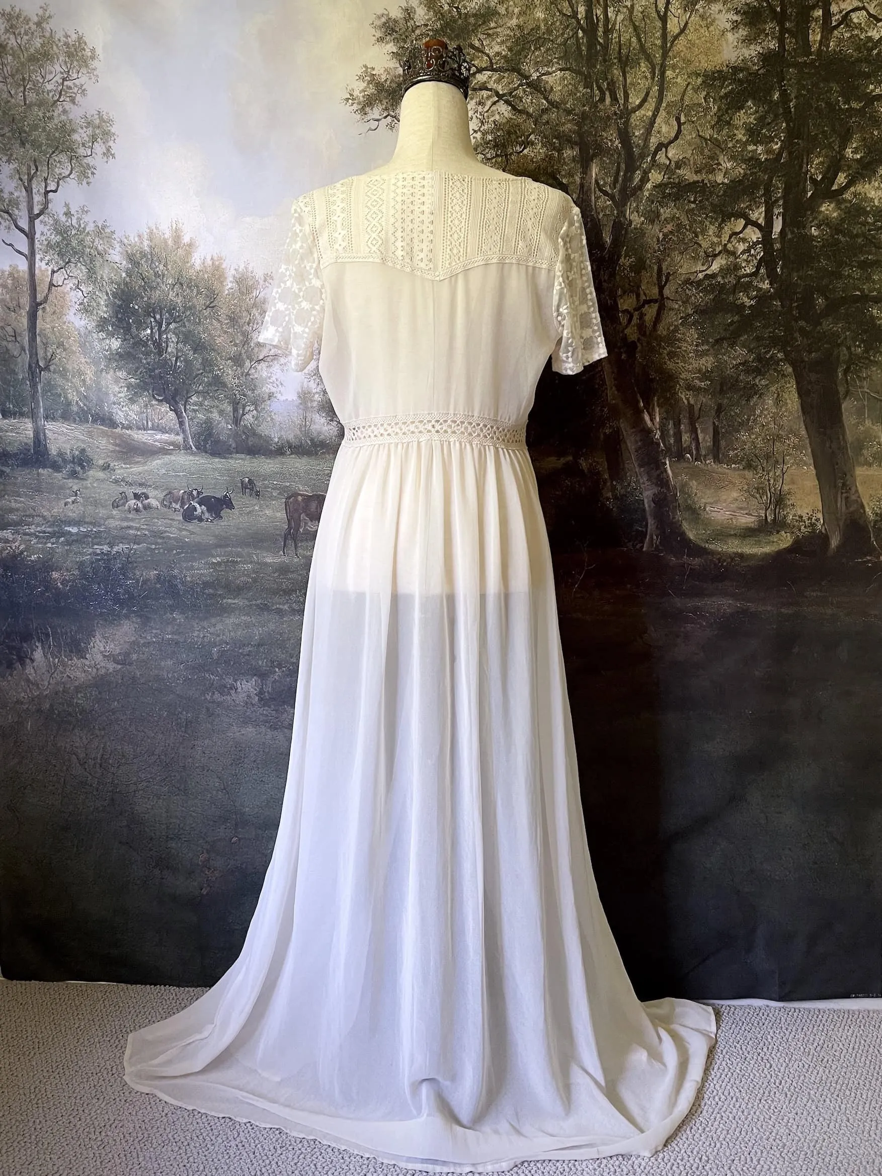 Edwardian Inspired Ivory Overdress with Floral Lace Details - Size M