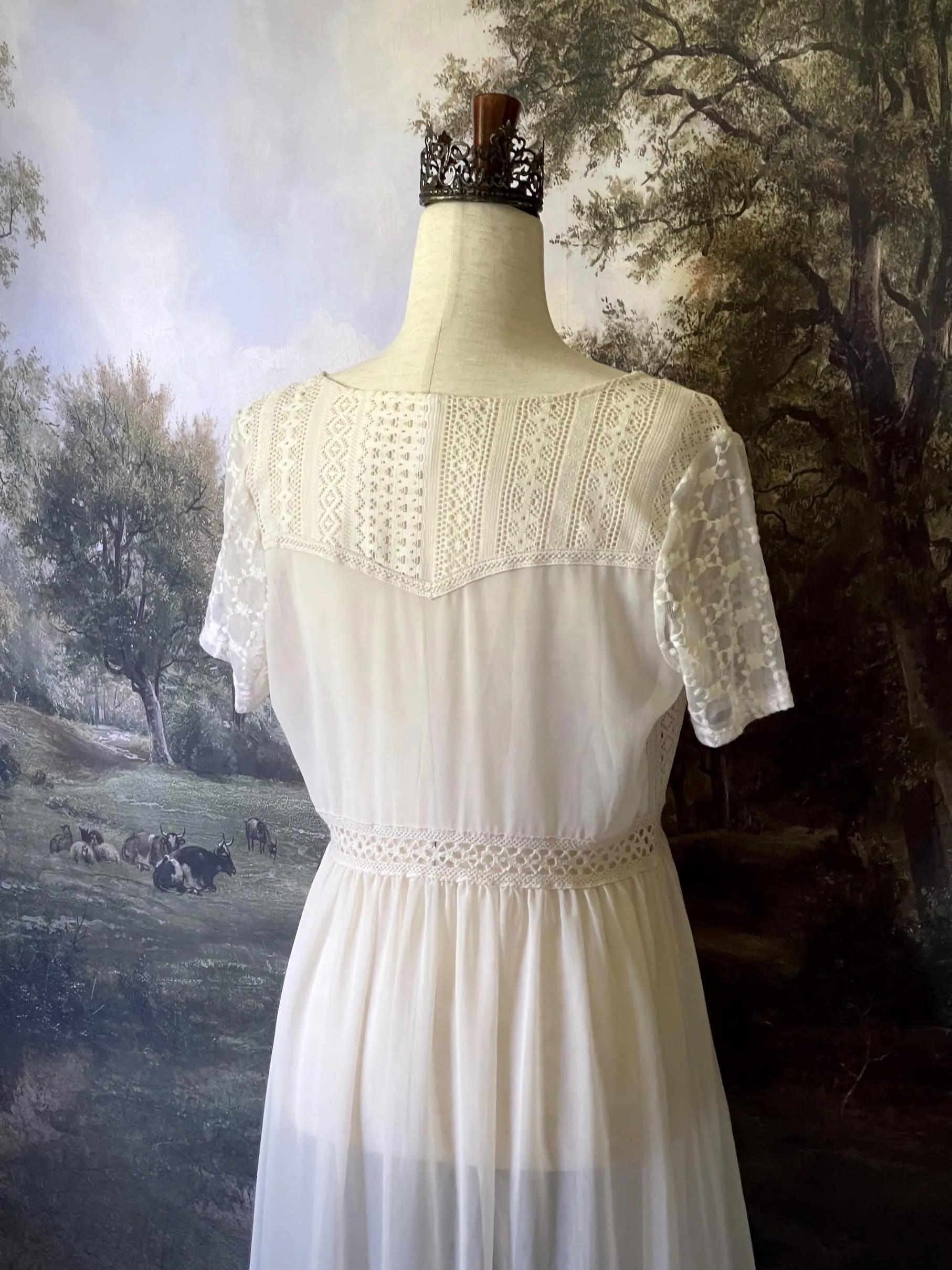 Edwardian Inspired Ivory Overdress with Floral Lace Details - Size M