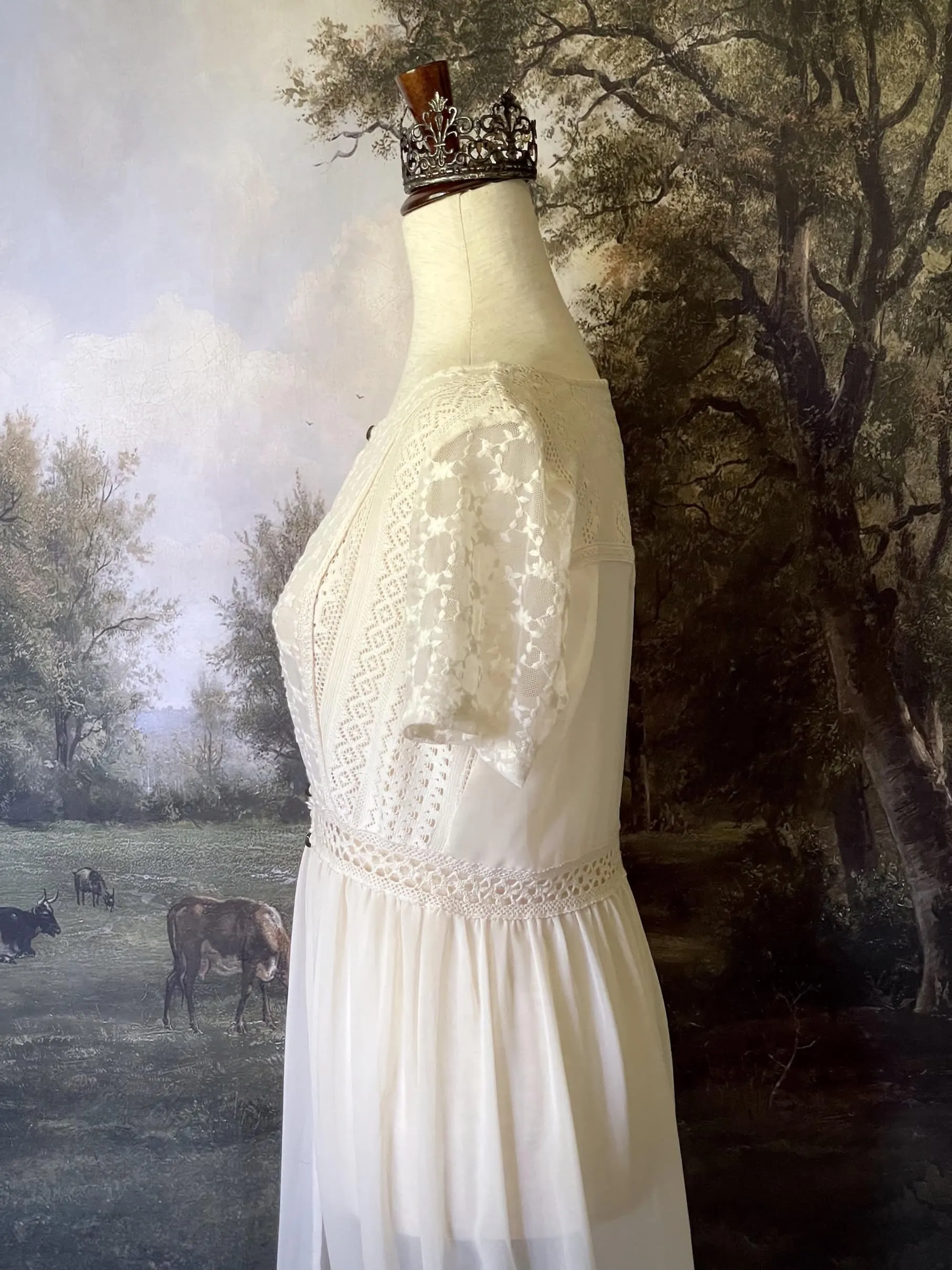 Edwardian Inspired Ivory Overdress with Floral Lace Details - Size M