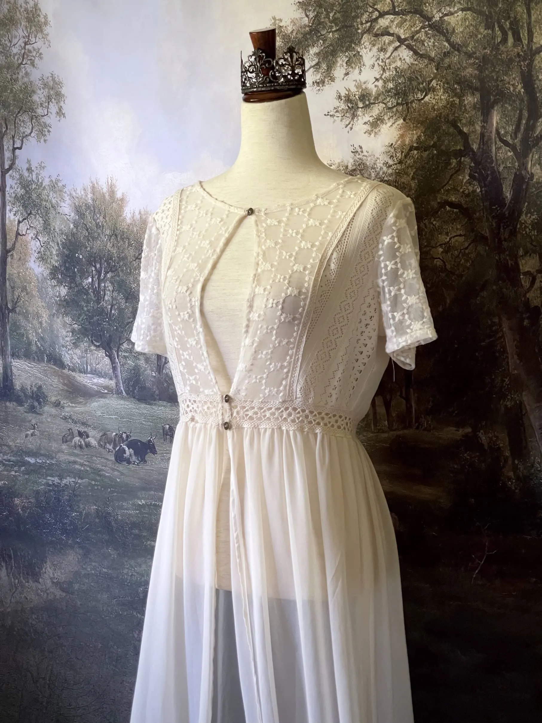 Edwardian Inspired Ivory Overdress with Floral Lace Details - Size M