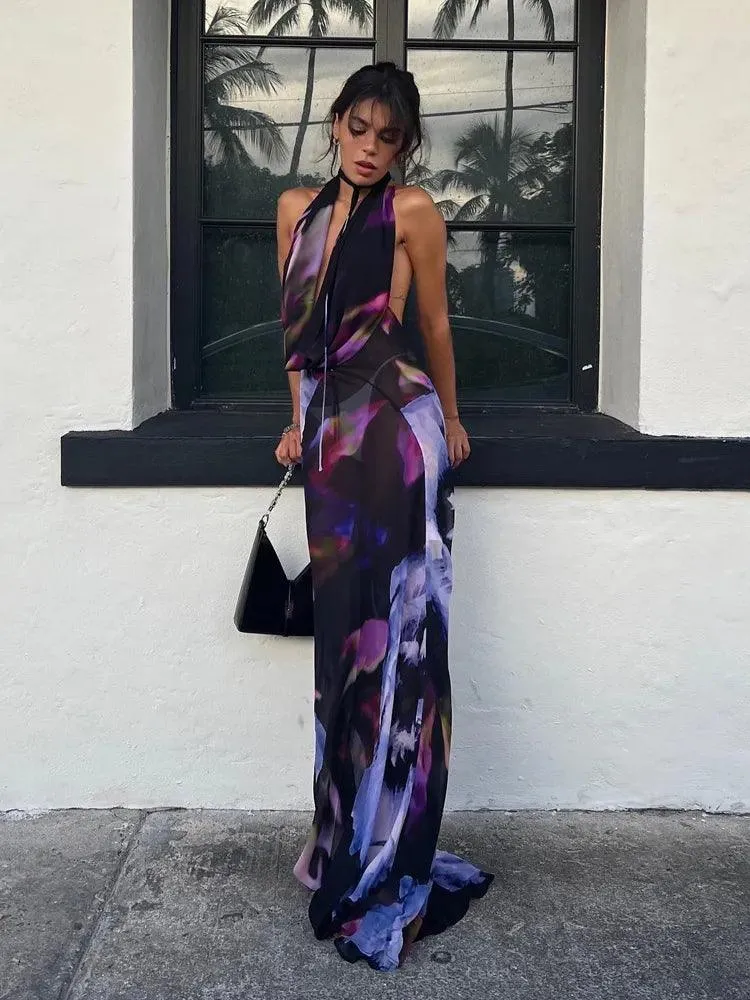 Elegant Purple Print Halter Maxi Dress - Stylish Beachwear