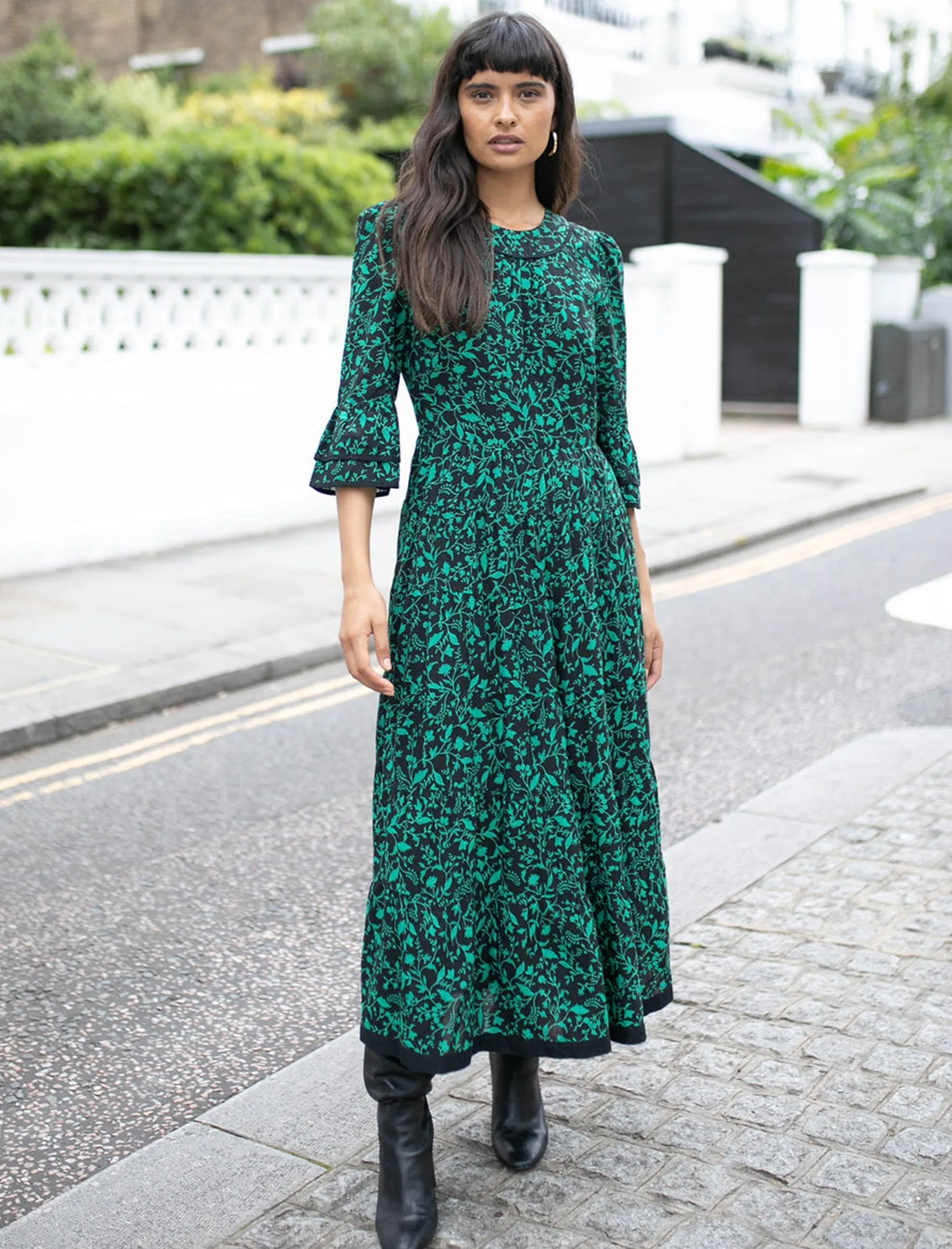 Elodie Cotton Maxi Dress - Green Bramble Print