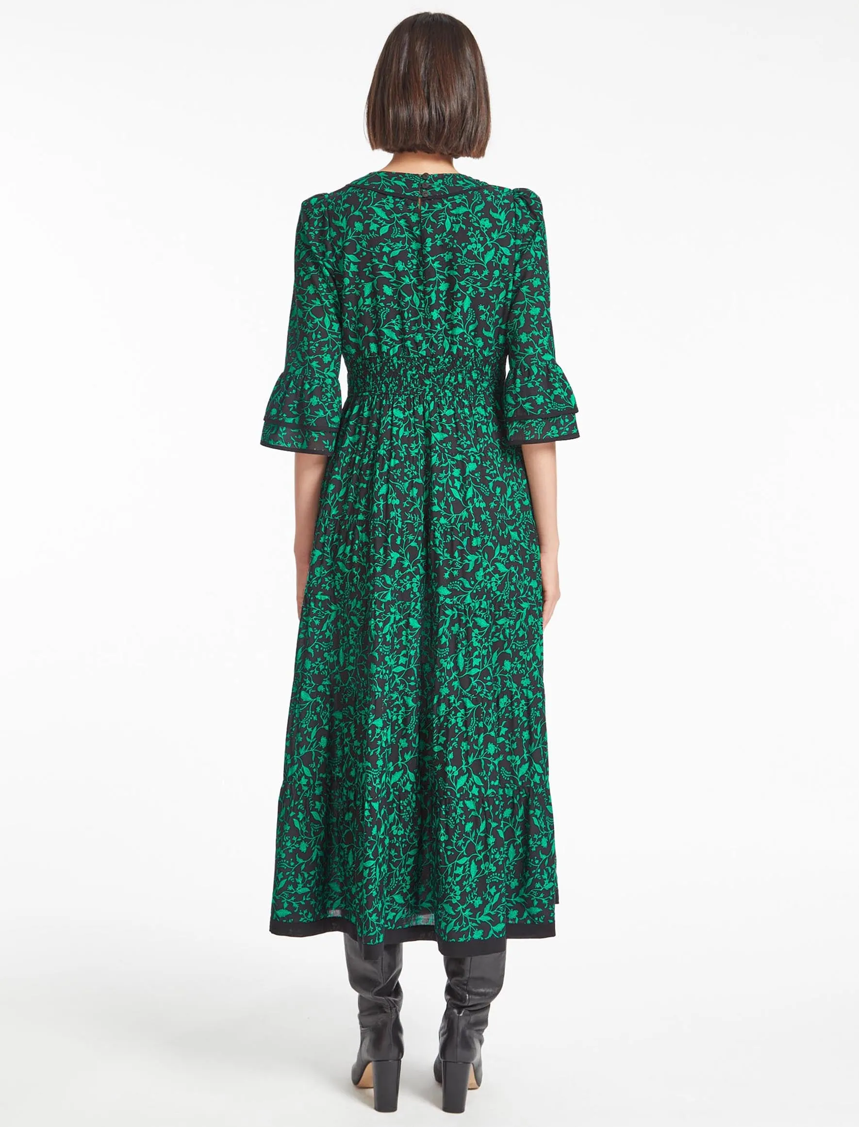 Elodie Cotton Maxi Dress - Green Bramble Print