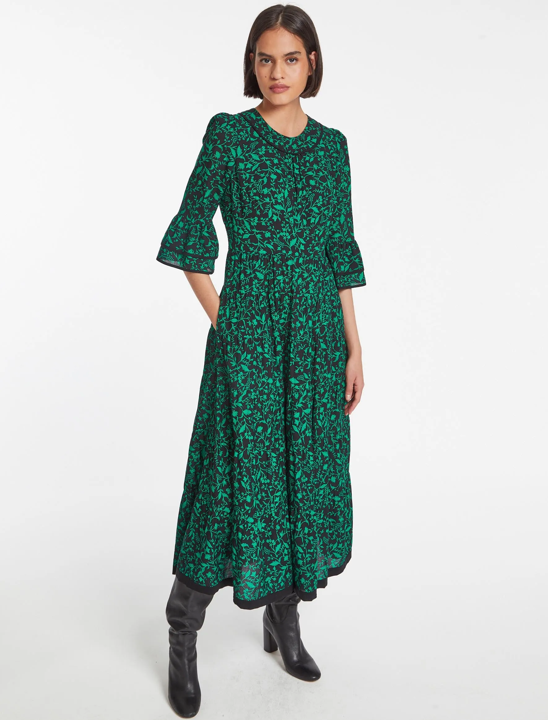 Elodie Cotton Maxi Dress - Green Bramble Print