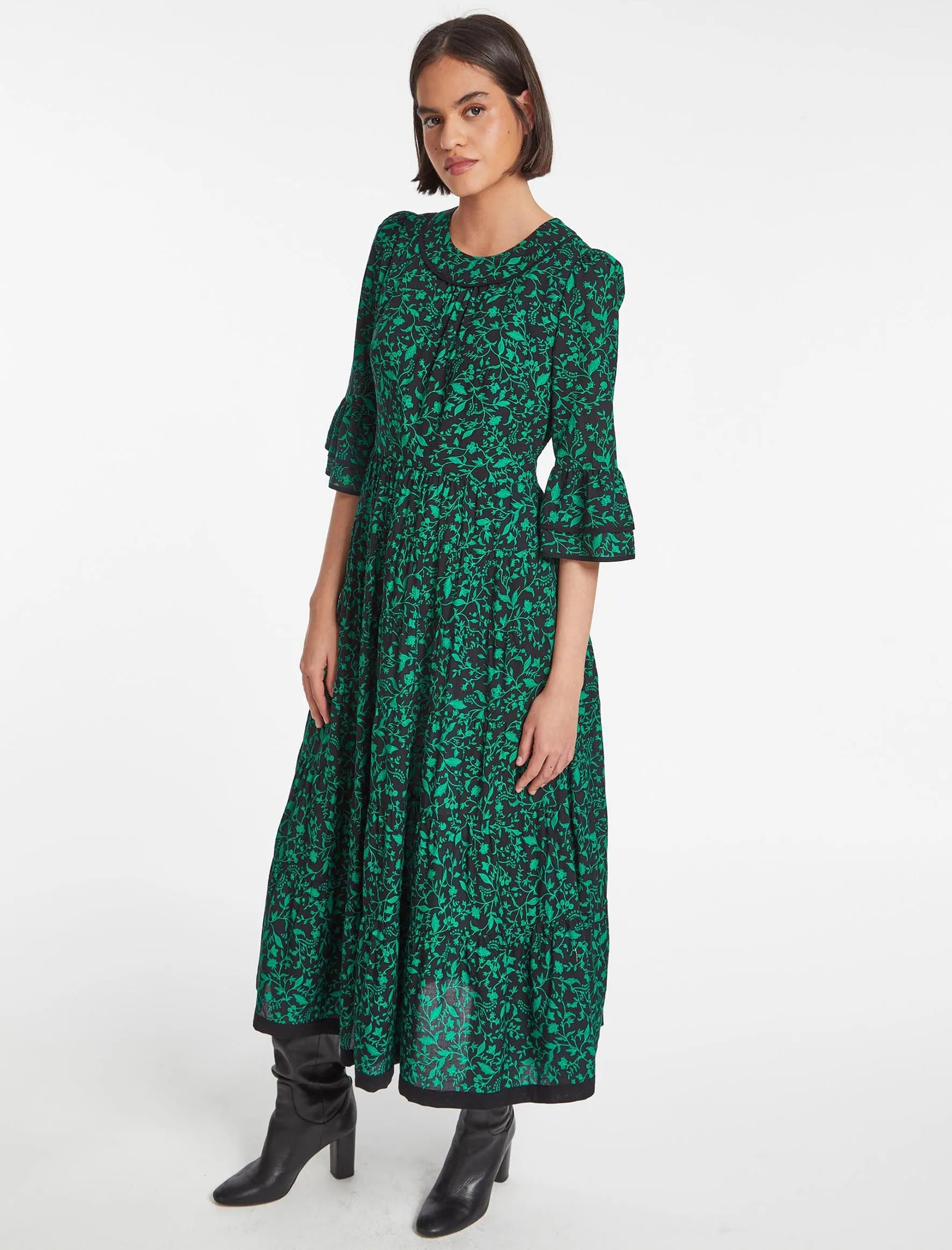 Elodie Cotton Maxi Dress - Green Bramble Print