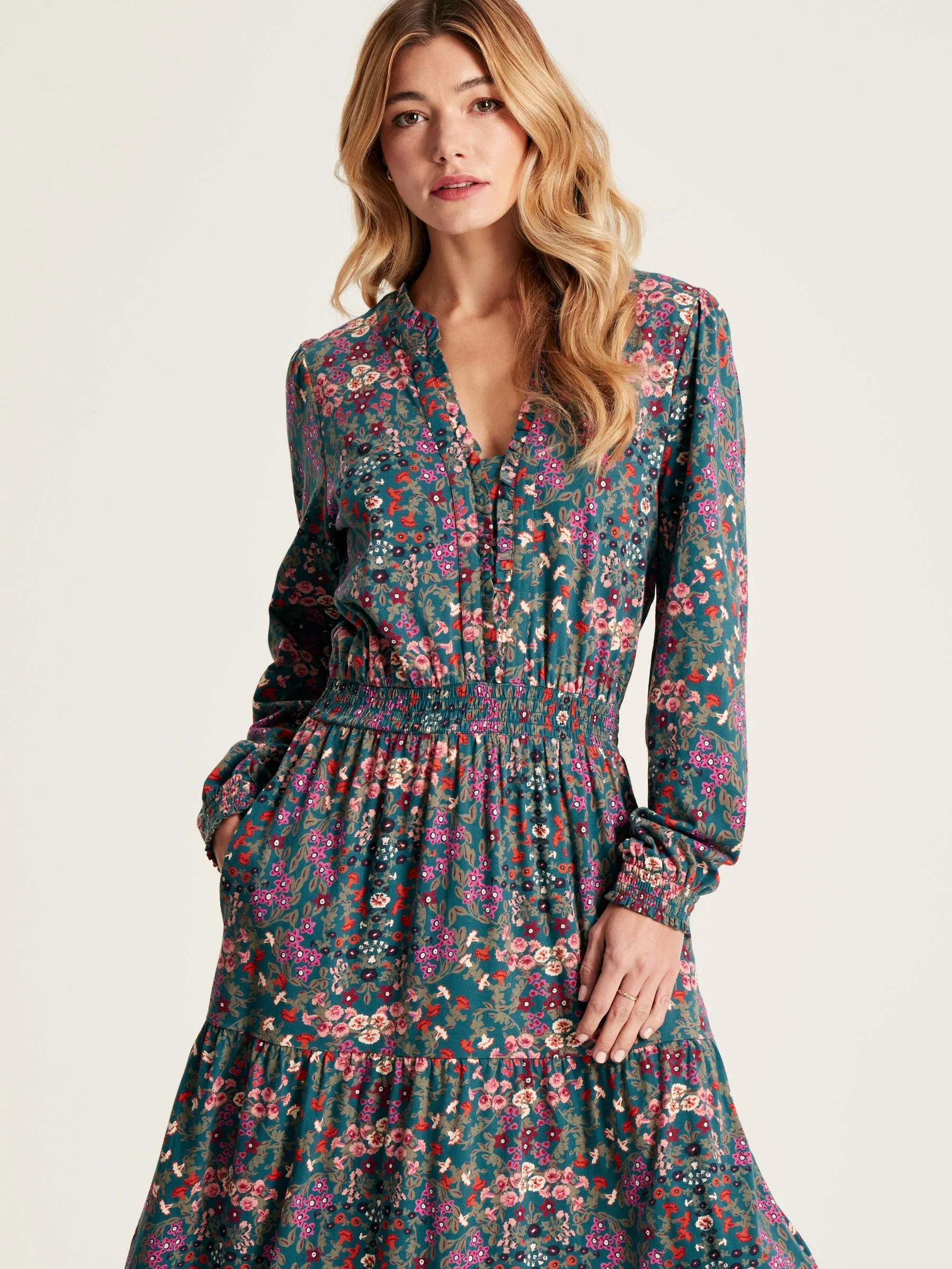 Elsa Frill Neck Dress - Blue Floral Print