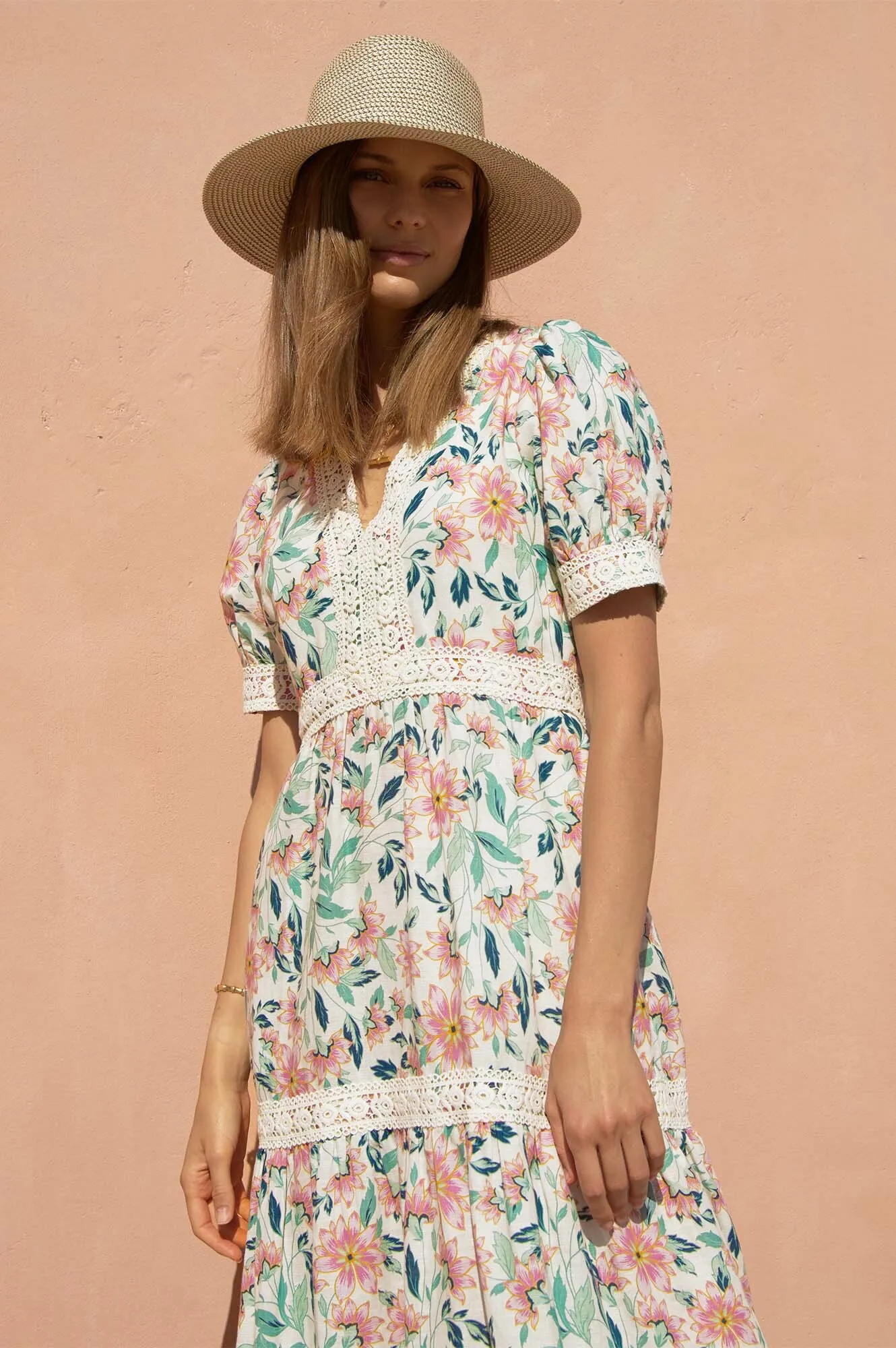 Enny Short Sleeve Dress | Ecru/Pink