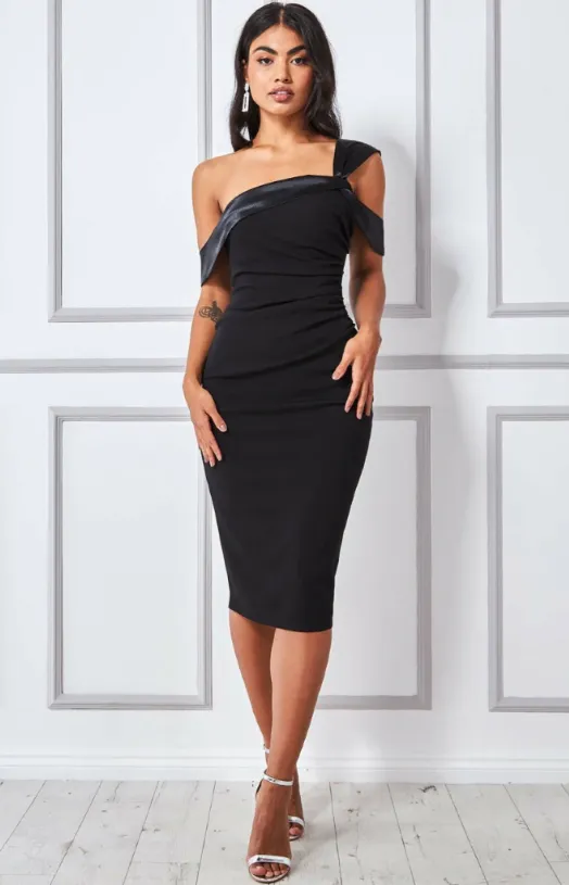 Faith Black Satin Band Bodycon Midi Dress