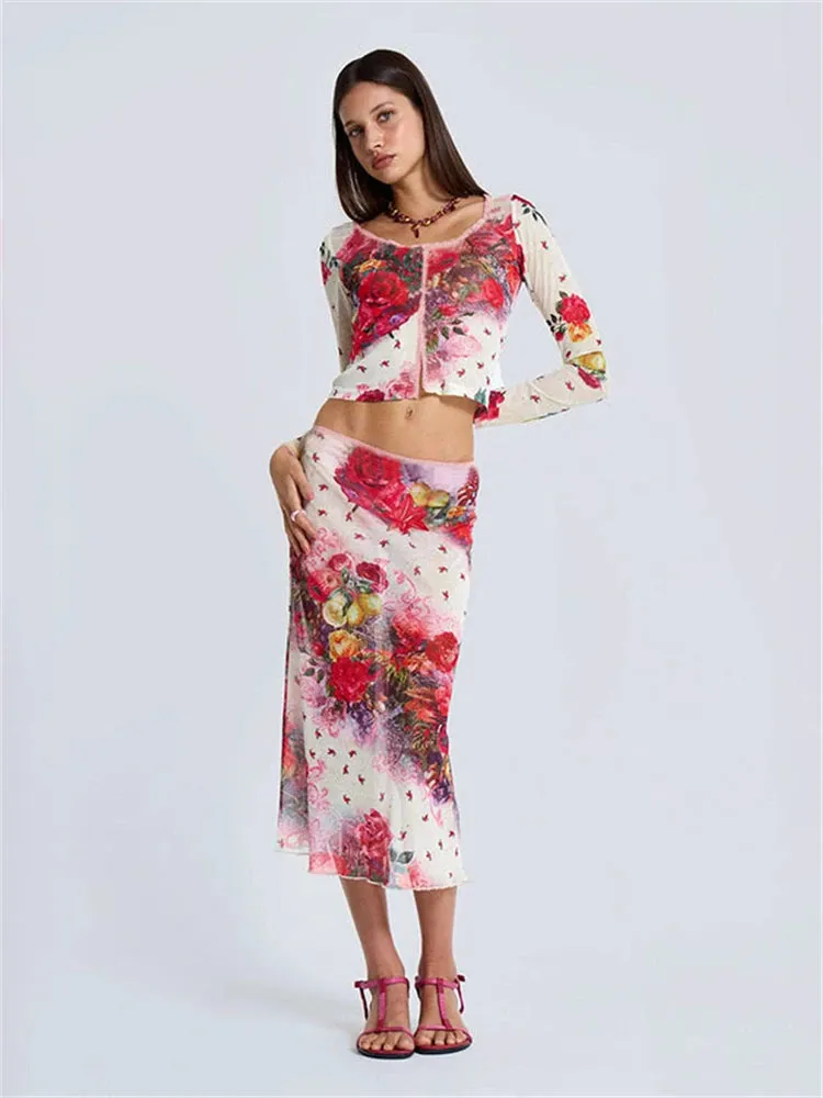 Fashionkova Y2K Mesh Flower Printed Long Skirt Set Women Long Sleeve Crop Slim Cardigan Top Maxi Skirt 2024 Autumn New Hottie Outfit