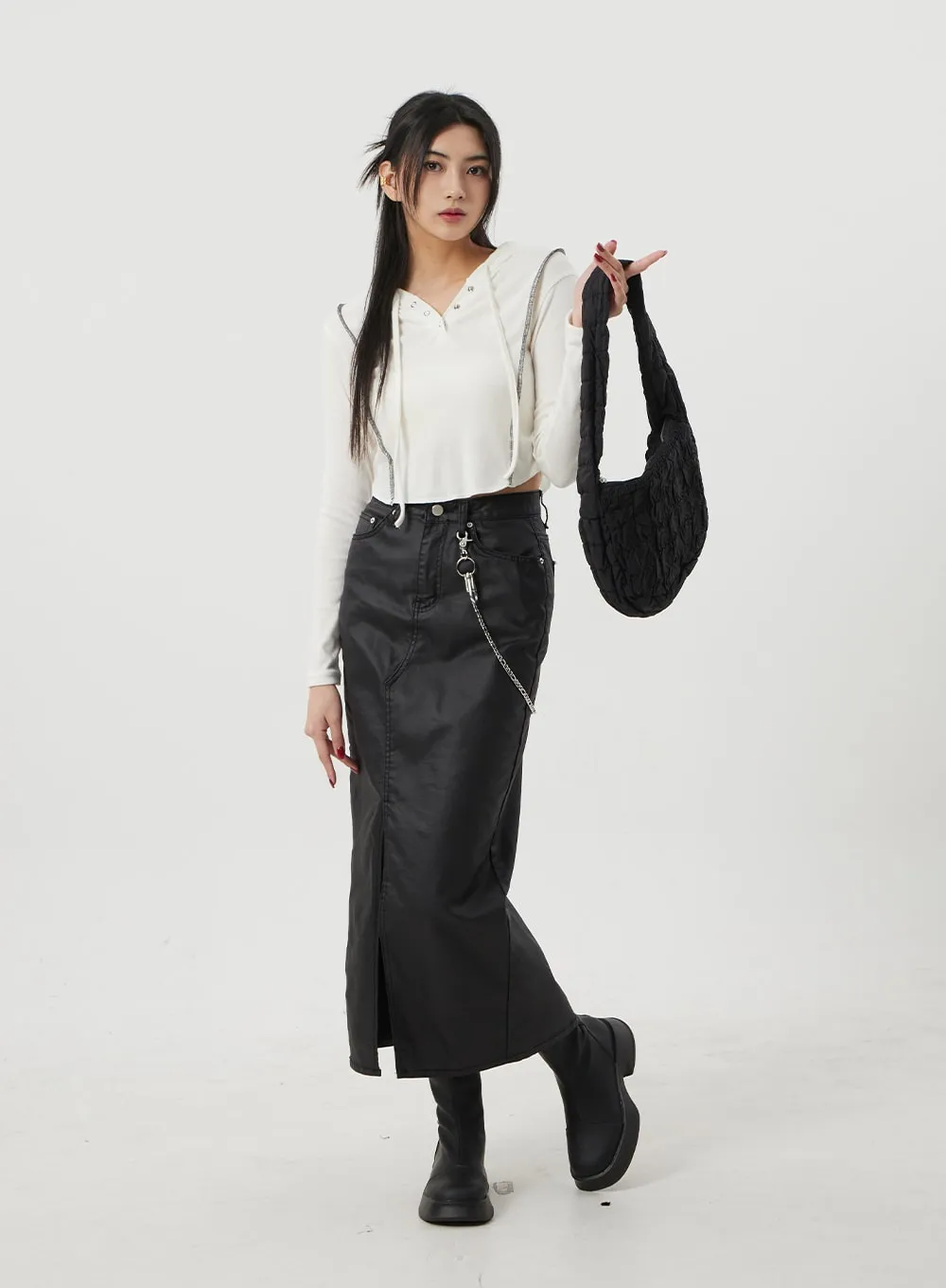 Faux Leather Front Slit Maxi Skirt BJ319