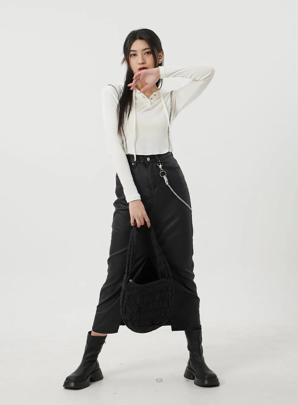 Faux Leather Front Slit Maxi Skirt BJ319