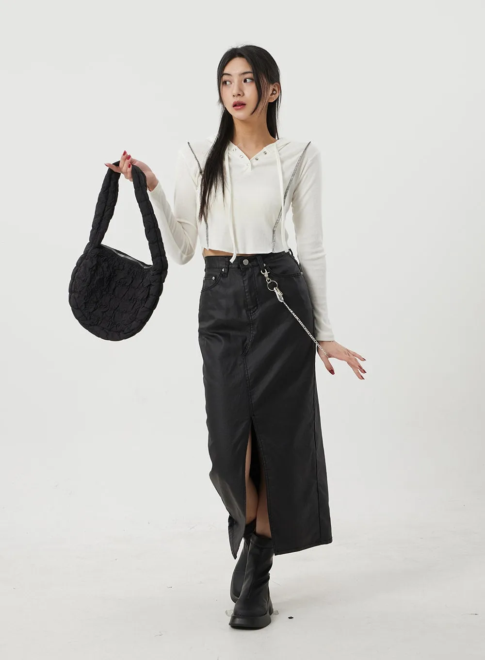 Faux Leather Front Slit Maxi Skirt BJ319