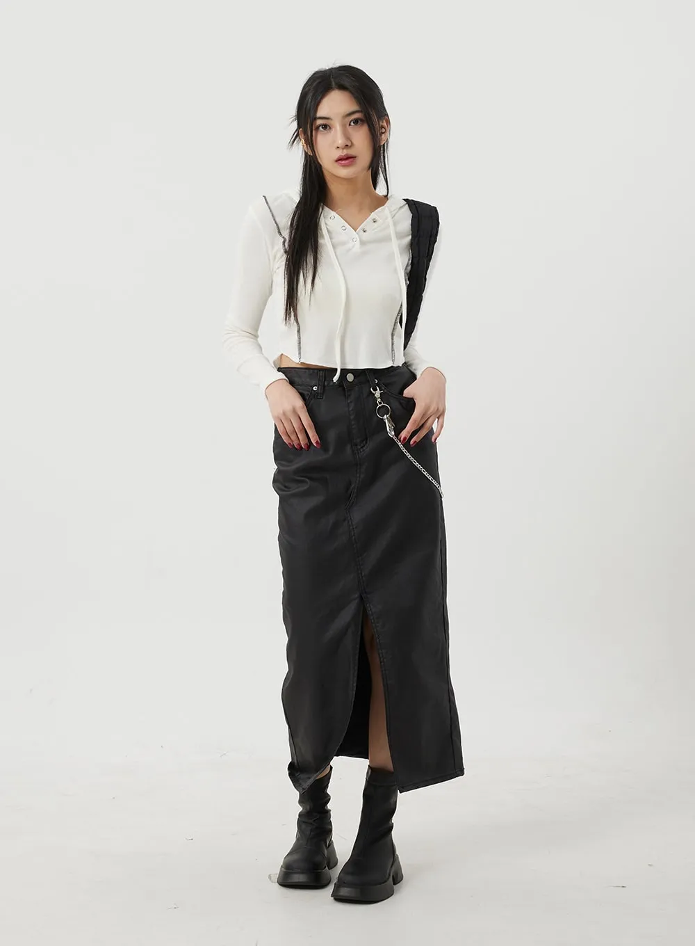 Faux Leather Front Slit Maxi Skirt BJ319