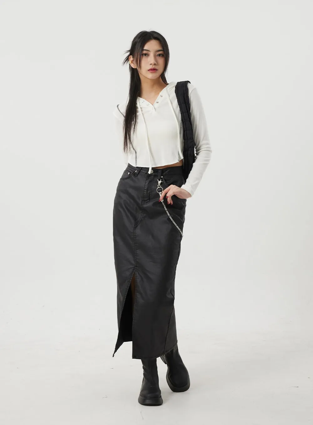 Faux Leather Front Slit Maxi Skirt BJ319