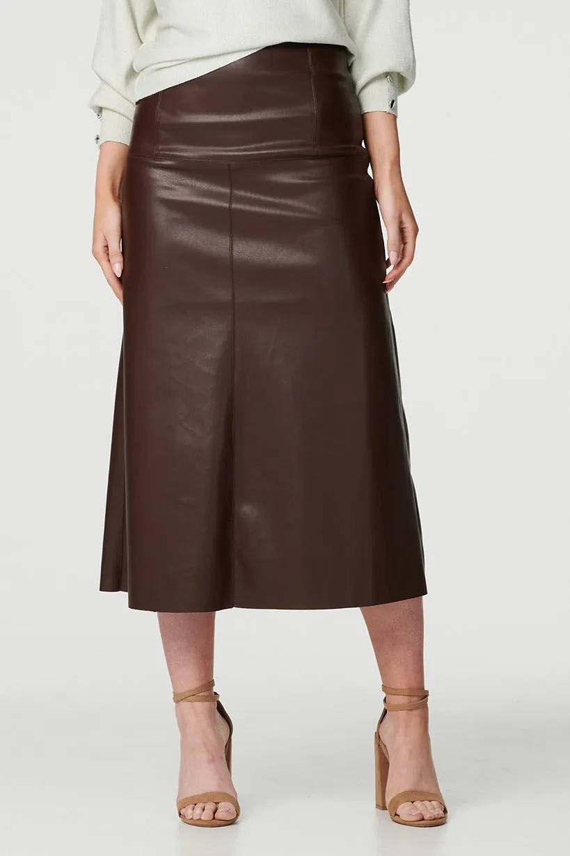 Faux Leather High Waist Midi Skirt