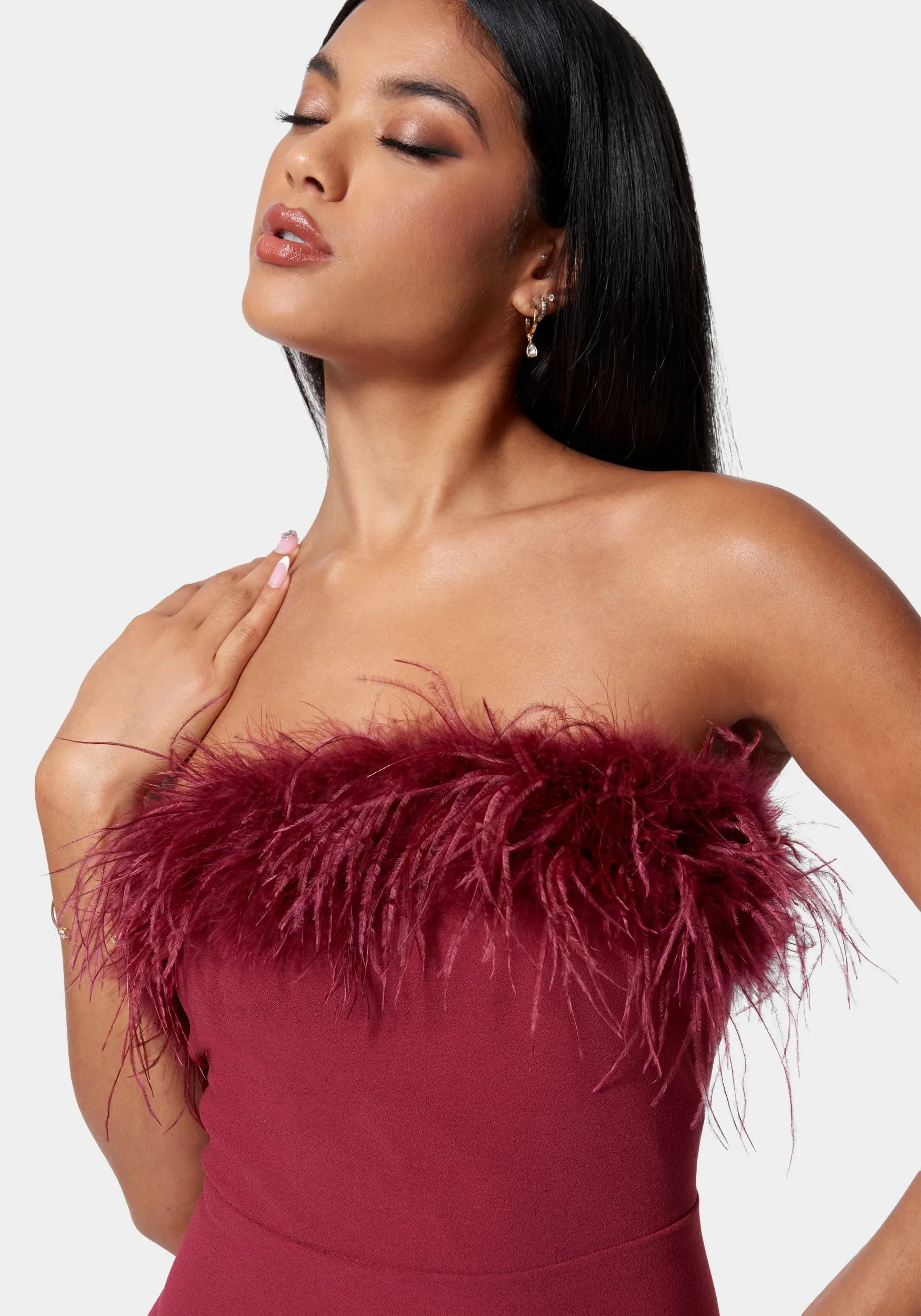 Feather Trim Strapless Midi Dress